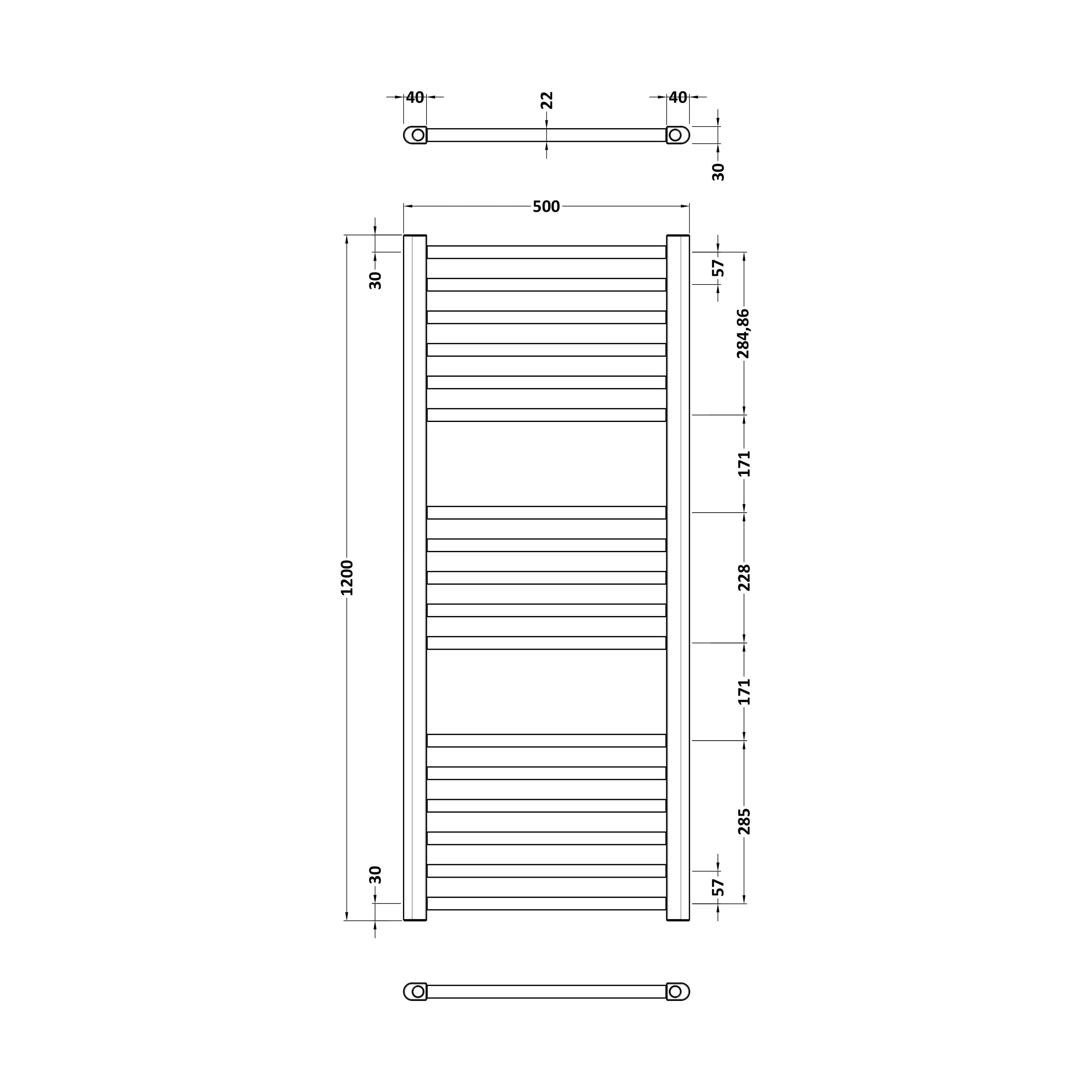 Straight Towel Radiator with Round Rails 1200mm x 500mm, Brushed Brass - Image 2