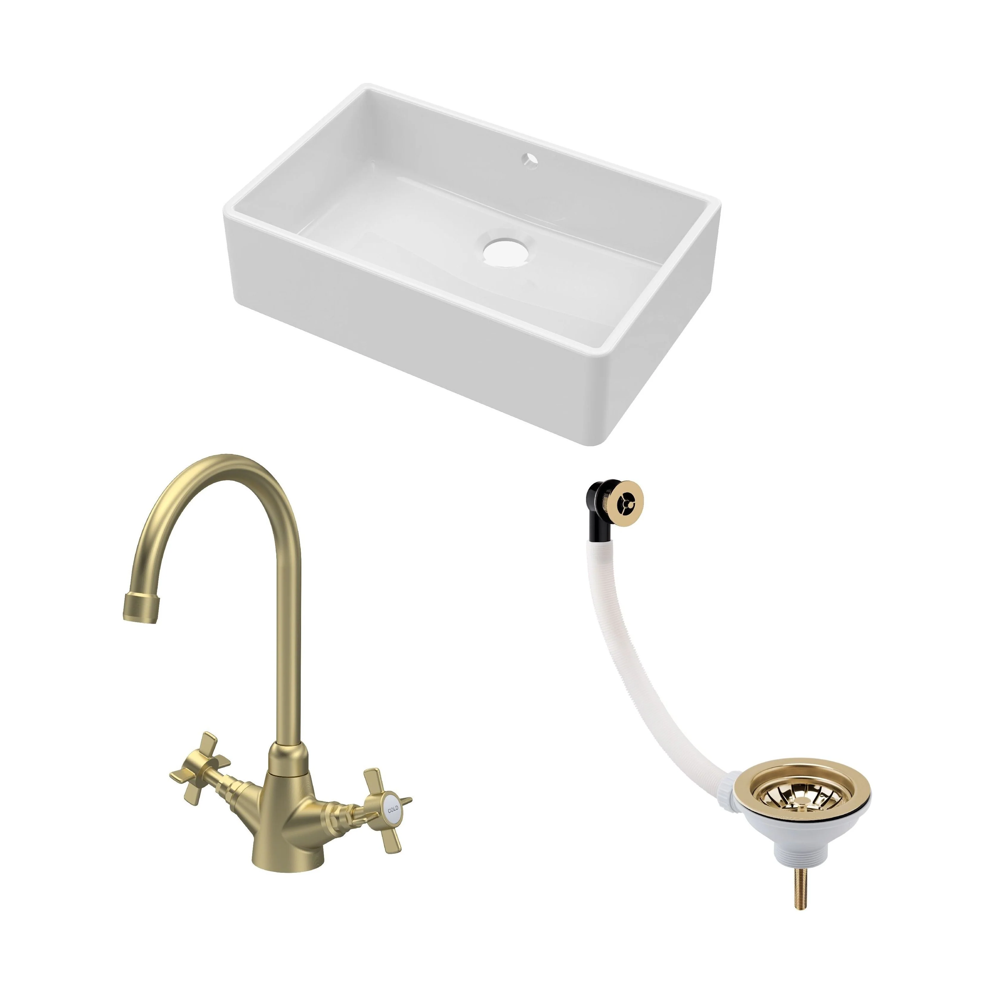 Traditional Fireclay Kitchen Bundle: 1 Bowl Butler Sink with Overflow, Waste & Mono Crosshead Tap, 795mm - Brushed Brass