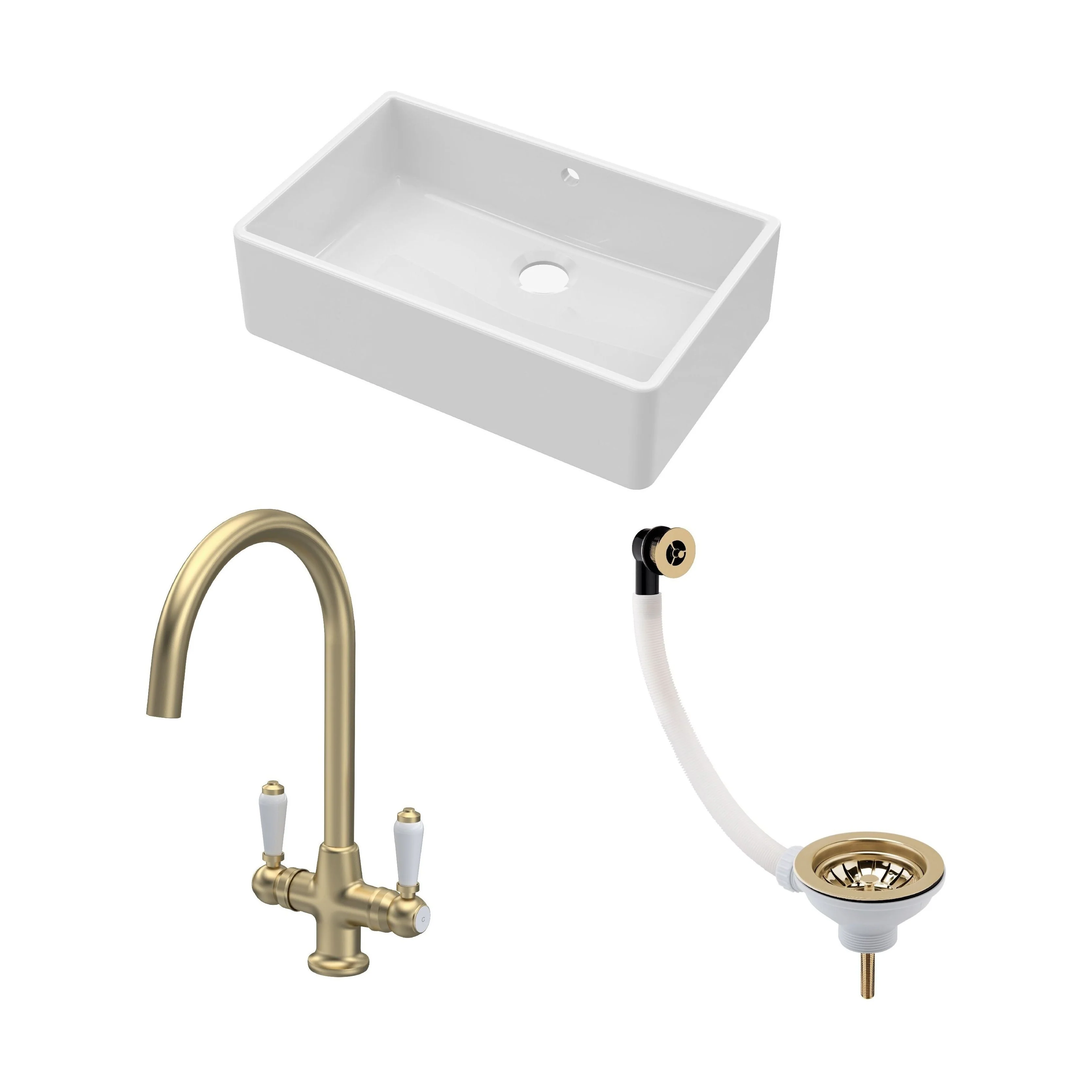 Traditional Fireclay Kitchen Bundle: 1 Bowl Butler Sink with Overflow, Waste & Mono Lever Handle Tap, 795mm - Brushed Brass