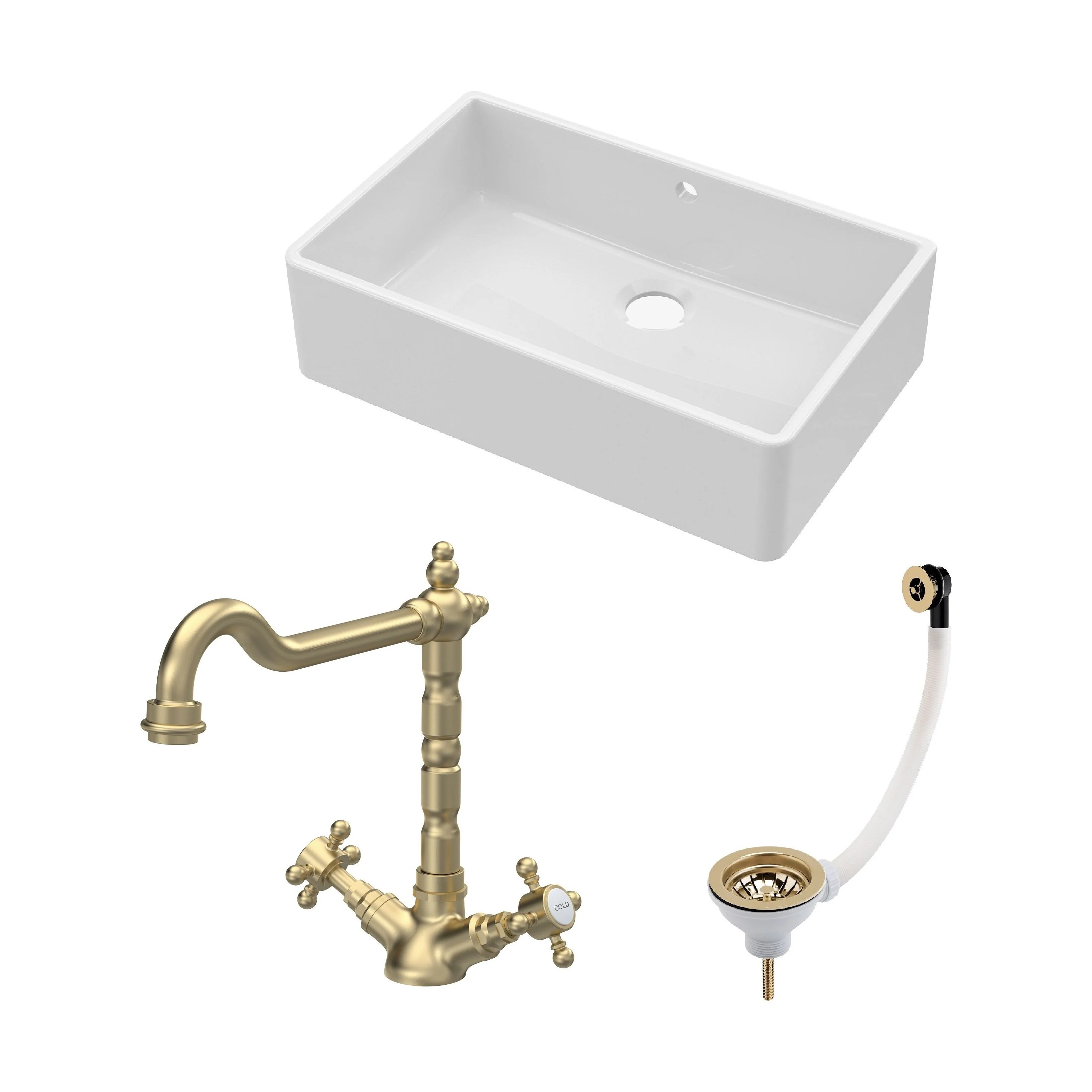 Traditional Fireclay Kitchen Bundle: 1 Bowl Butler Sink with Overflow, Waste & Classic Mono Tap, 795mm - Brushed Brass