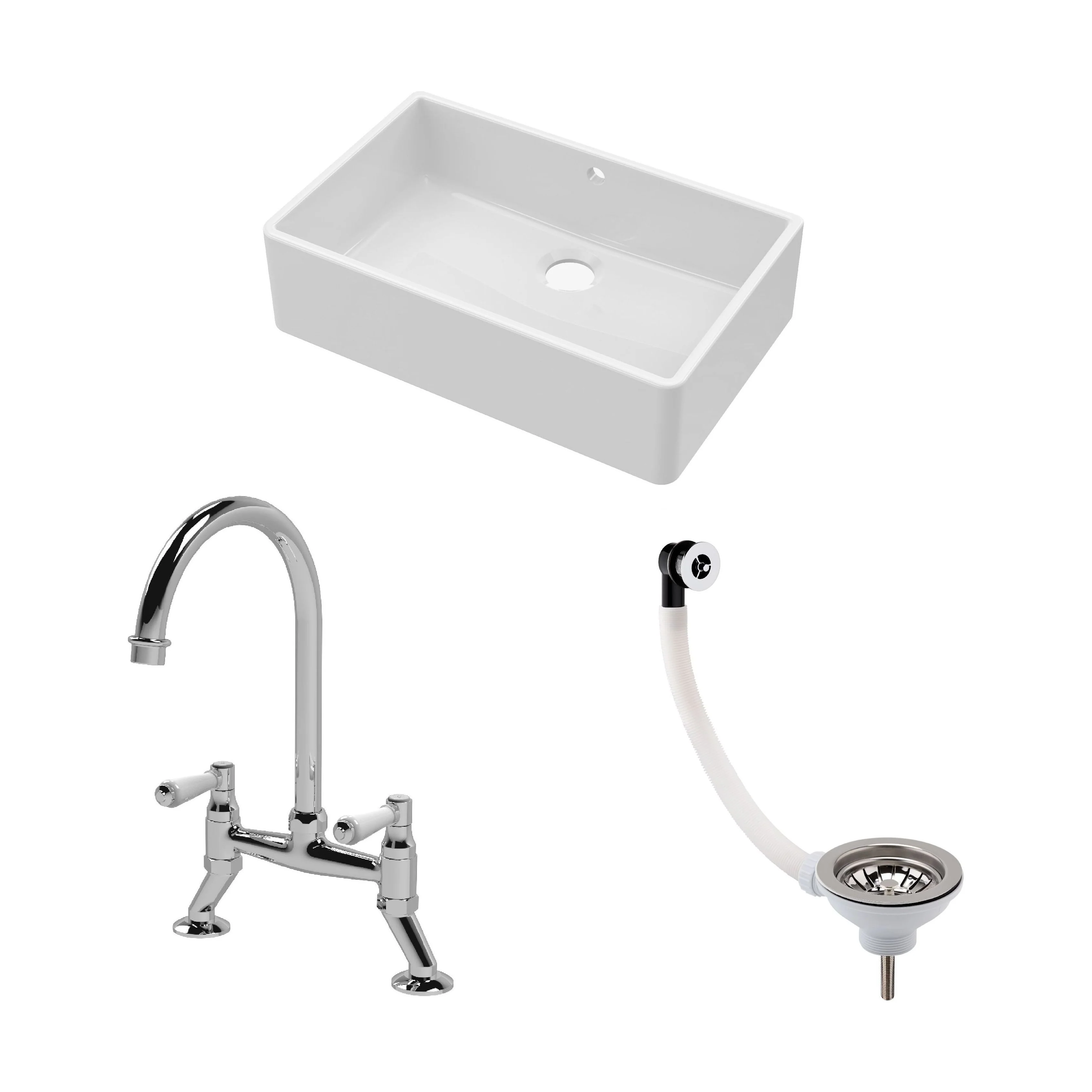 Traditional Fireclay Kitchen Bundle: 1 Bowl Butler Sink with Overflow, Waste & Bridge Mixer Tap, 795mm - Chrome