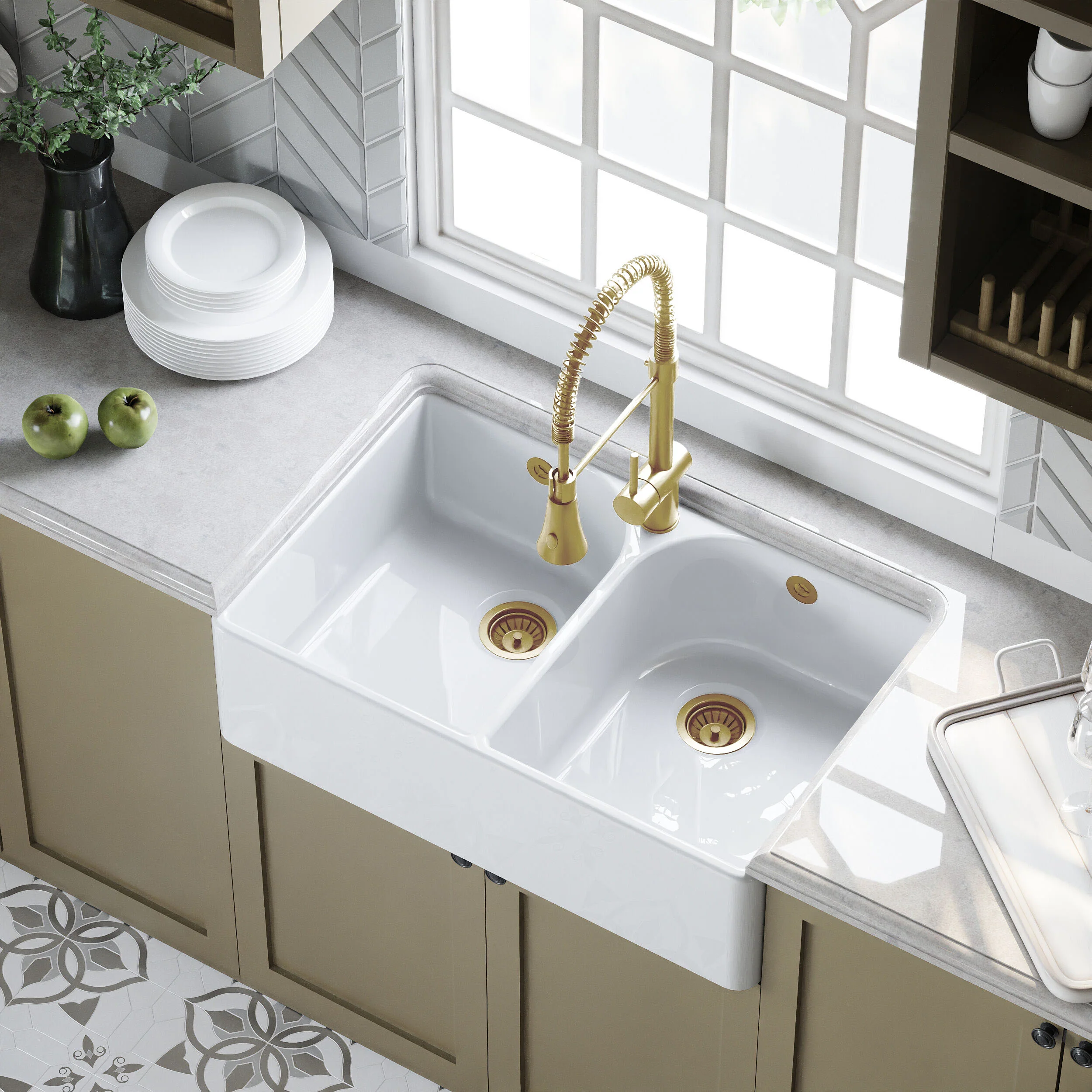Fireclay Ceramic Double Bowl Butler Kitchen Sink with Full Weir, Tap Ledge, Overflows and Wastes, 795mm - Brushed Brass - Image 3