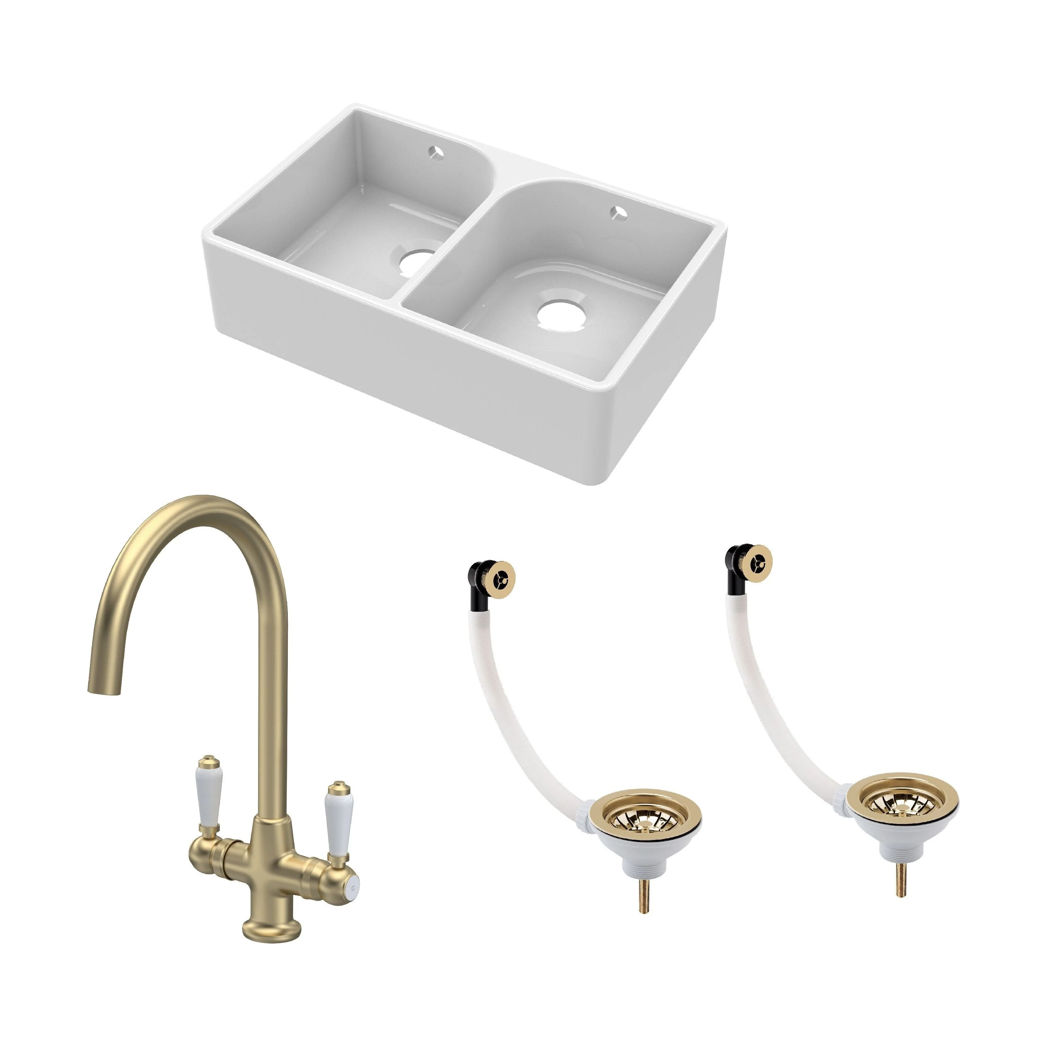 Traditional Fireclay Kitchen Bundle: Double Bowl Full Weir Butler Sink with Wastes & Mono Lever Tap, 795mm - Brushed Brass
