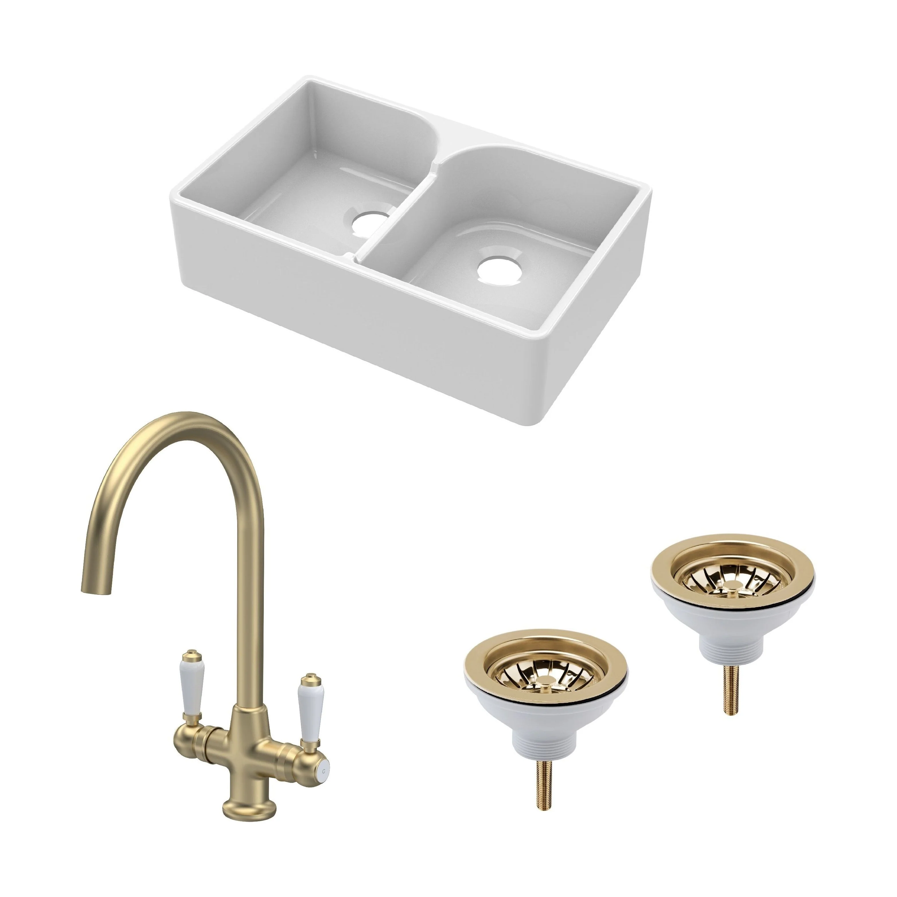 Traditional Fireclay Kitchen Bundle: Double Bowl Stepped Weir Butler Sink, Wastes & Mono Lever Tap, 795mm - Brushed Brass