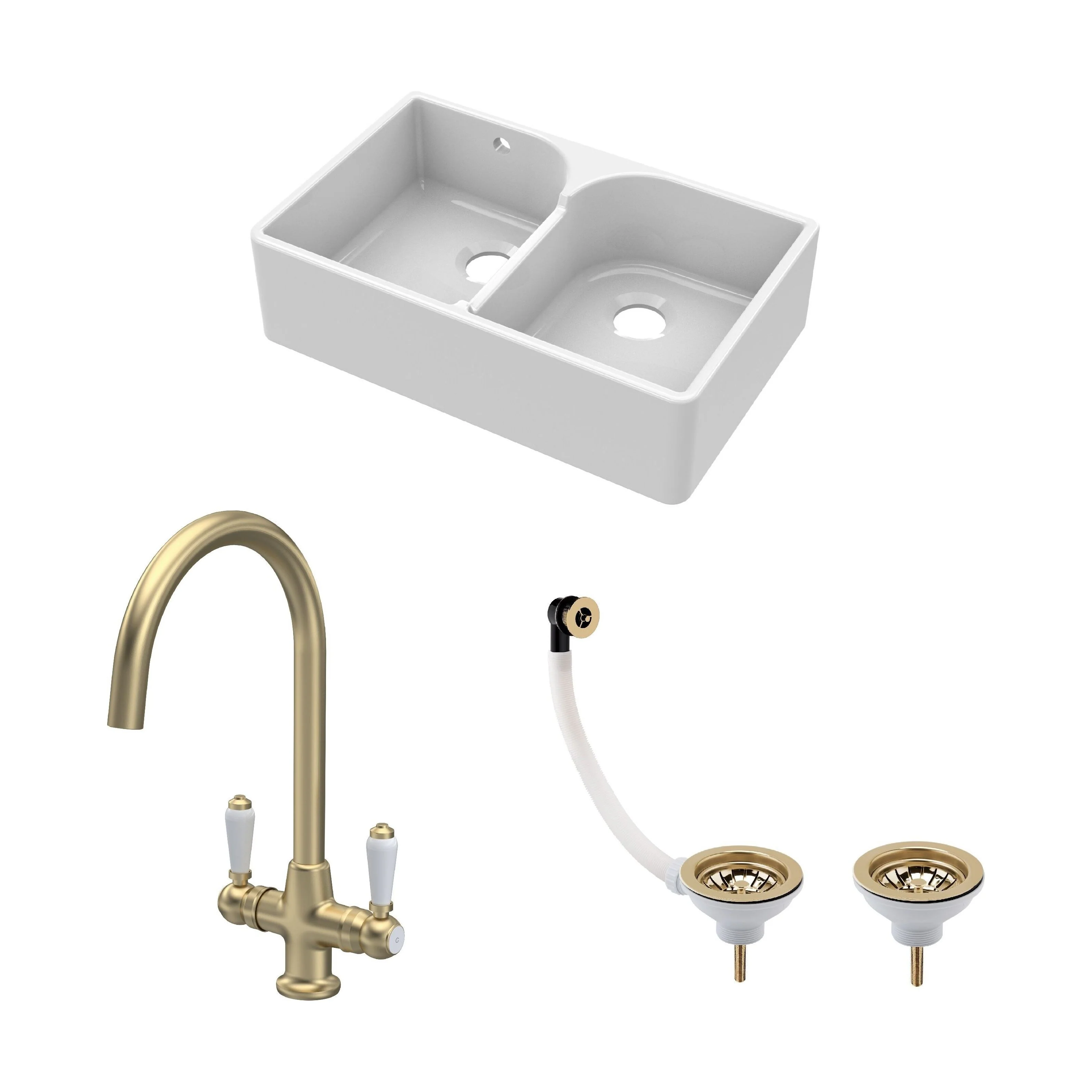 Traditional Fireclay Kitchen Sink Bundle: 2 Bowl Butler Sink with Stepped Weir, Wastes & Lever Tap - 795mm - Brushed Brass
