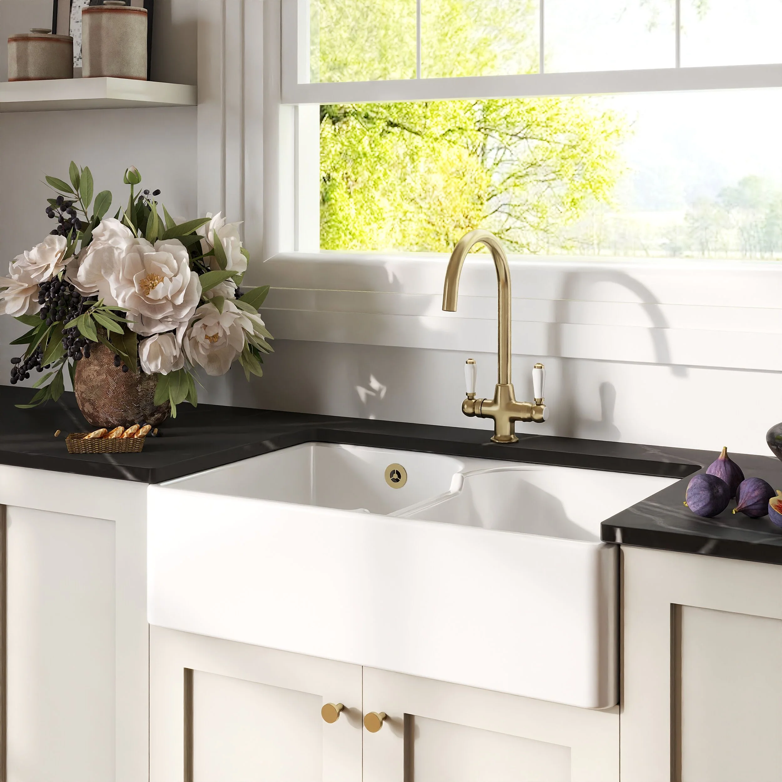 Traditional Fireclay Kitchen Sink Bundle: 2 Bowl Butler Sink with Stepped Weir, Wastes & Lever Tap - 795mm - Brushed Brass - Image 4