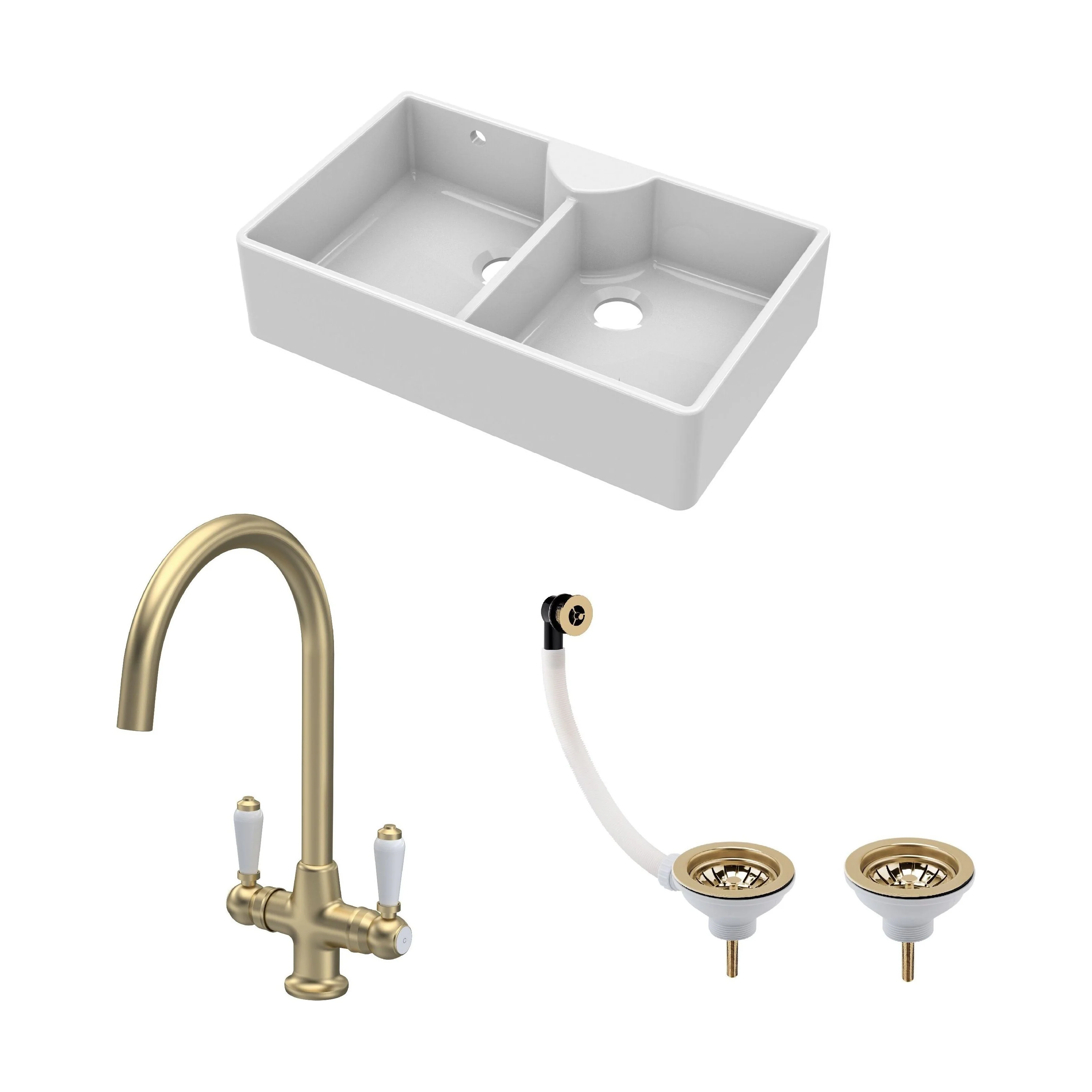 Traditional Fireclay Kitchen Bundle: Double Bowl Stepped Weir Butler Sink with Wastes & Mono Lever Tap, 895mm - Brushed Brass
