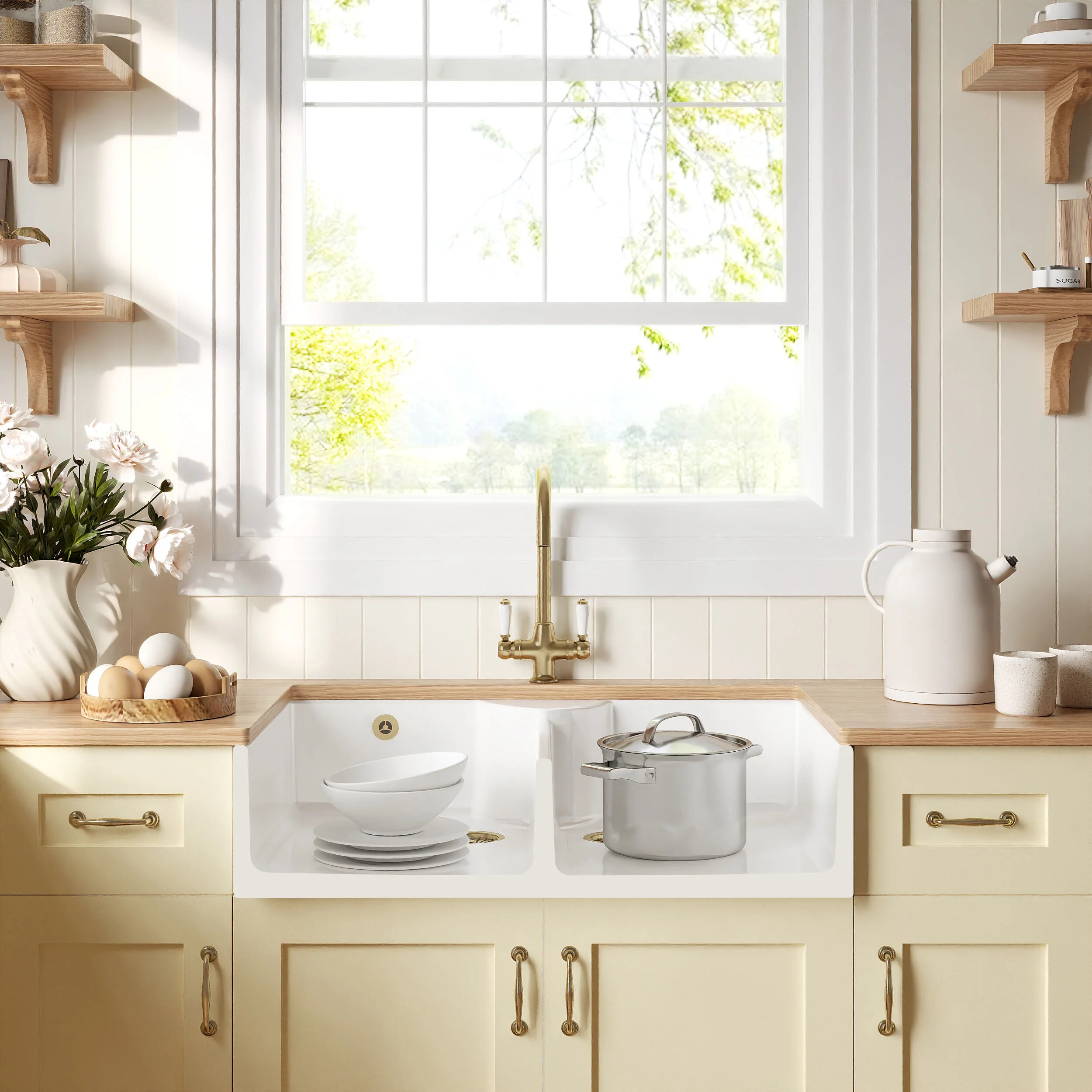 Traditional Fireclay Kitchen Bundle: Double Bowl Stepped Weir Butler Sink with Wastes & Mono Lever Tap, 895mm - Brushed Brass - Image 2