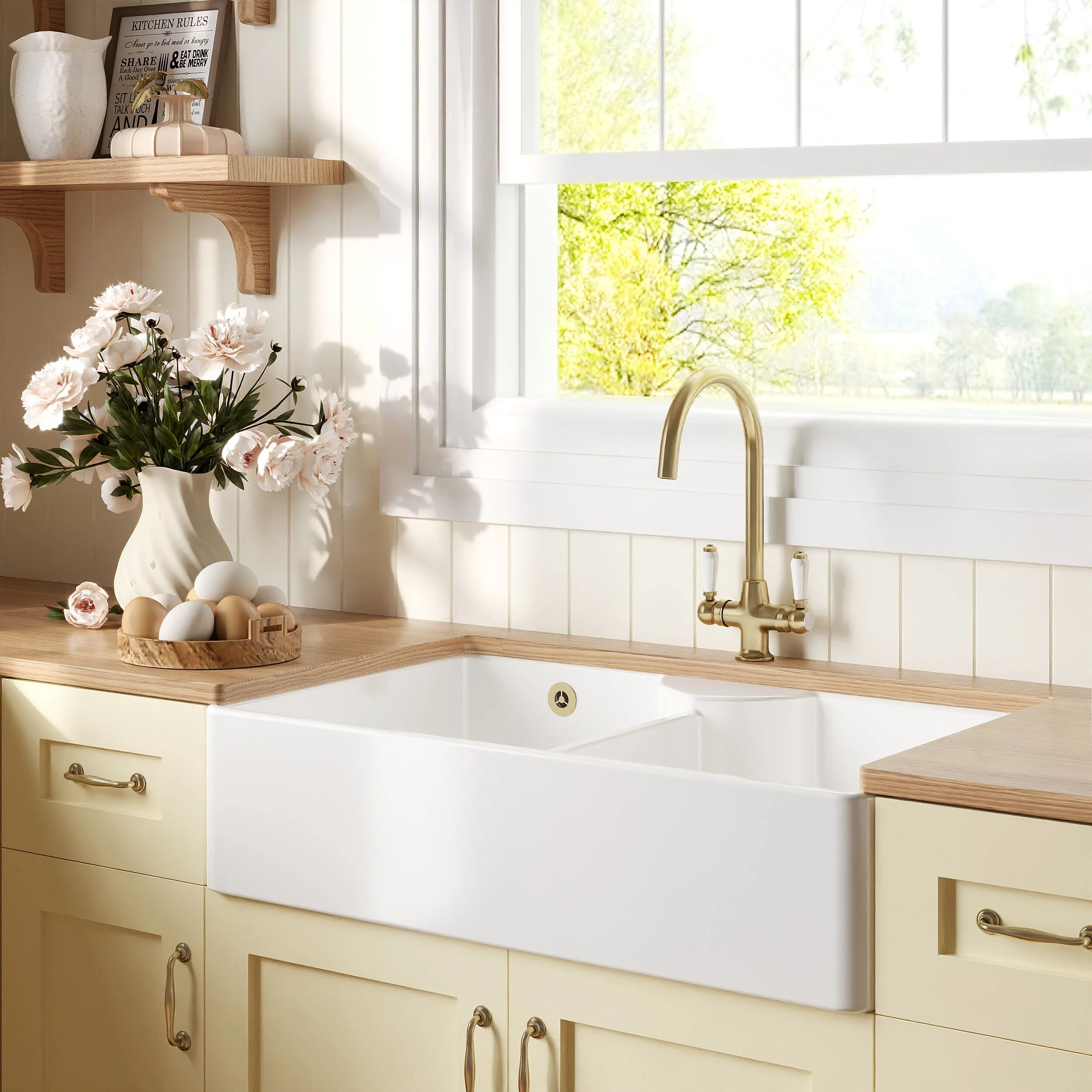 Traditional Fireclay Kitchen Bundle: Double Bowl Stepped Weir Butler Sink with Wastes & Mono Lever Tap, 895mm - Brushed Brass - Image 4