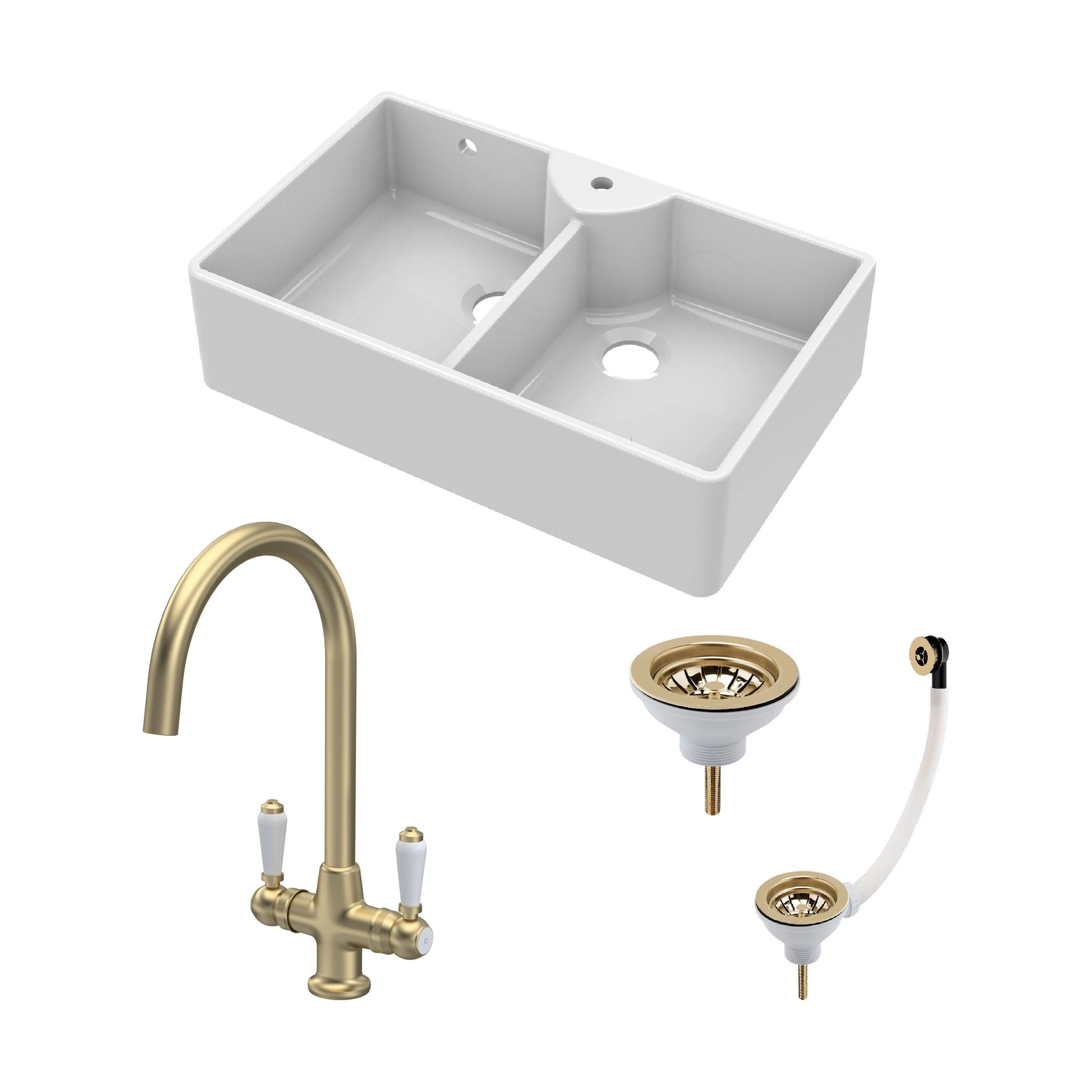 Traditional Fireclay Kitchen Sink Bundle: Double Bowl Butler 1 Tap Hole, Wastes & Mono Tap, 895mm - Brushed Brass