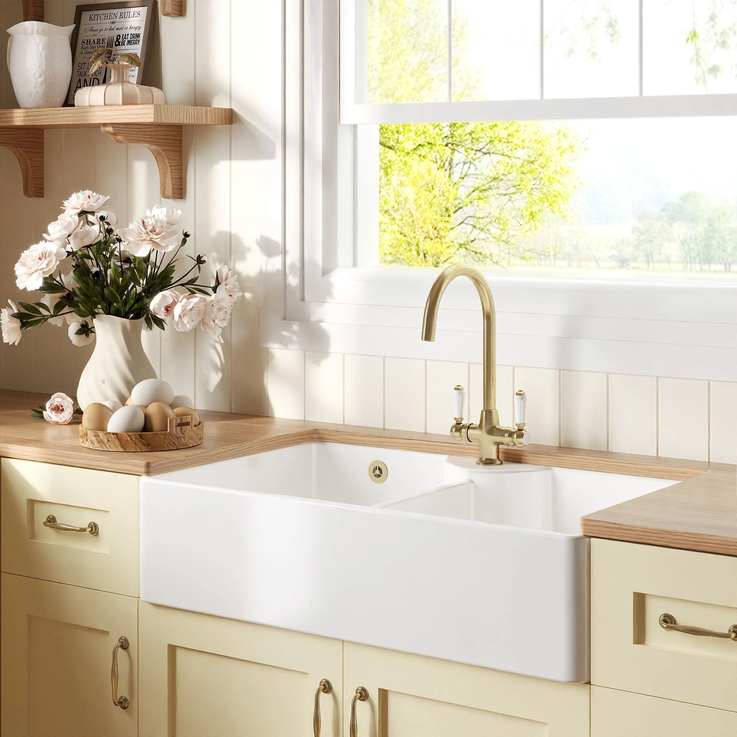Traditional Fireclay Kitchen Sink Bundle: Double Bowl Butler 1 Tap Hole, Wastes & Mono Tap, 895mm - Brushed Brass - Image 4