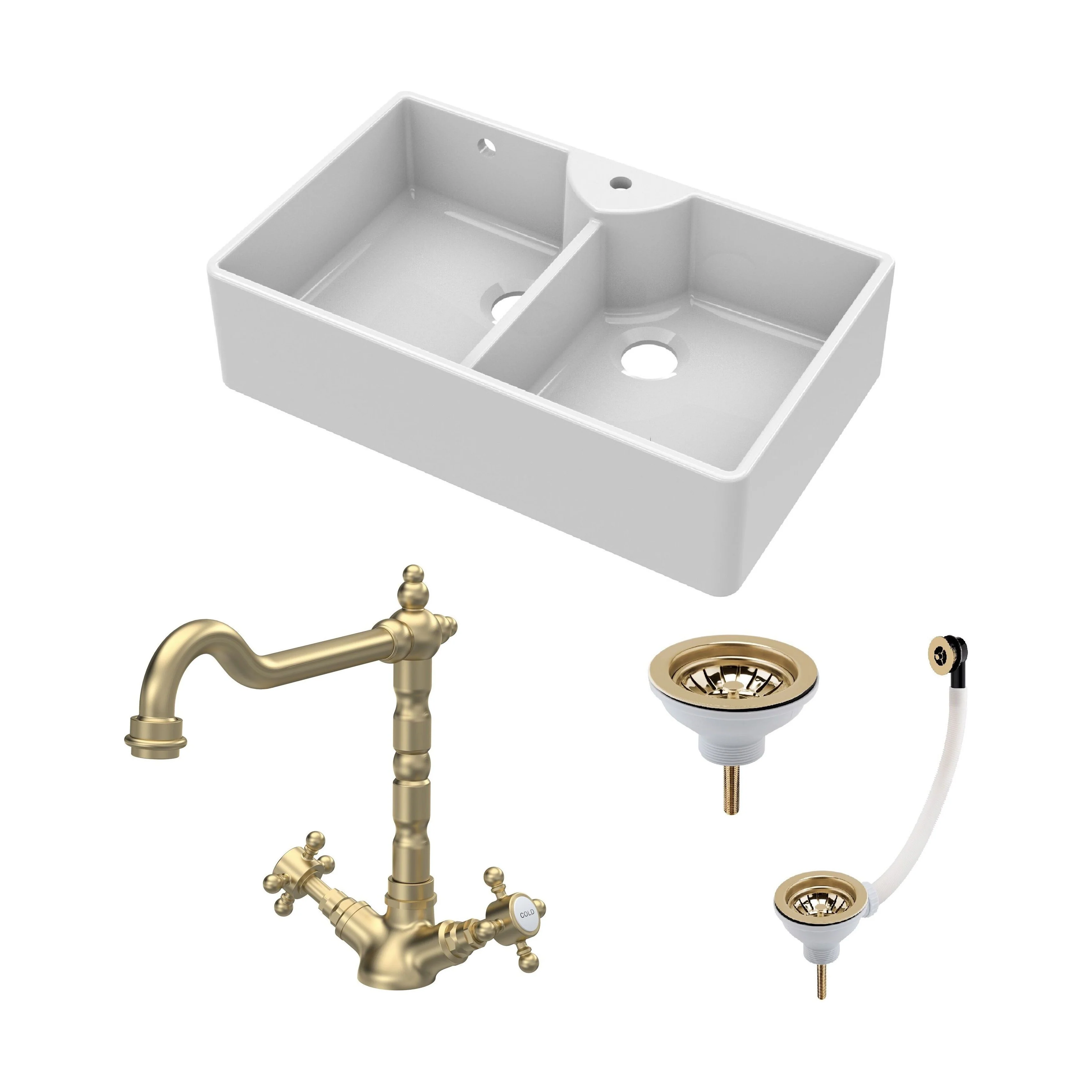 Traditional Fireclay Kitchen Sink Bundle: Double Bowl Butler 1 Tap Hole, Wastes & Classic Tap, 895mm - Brushed Brass