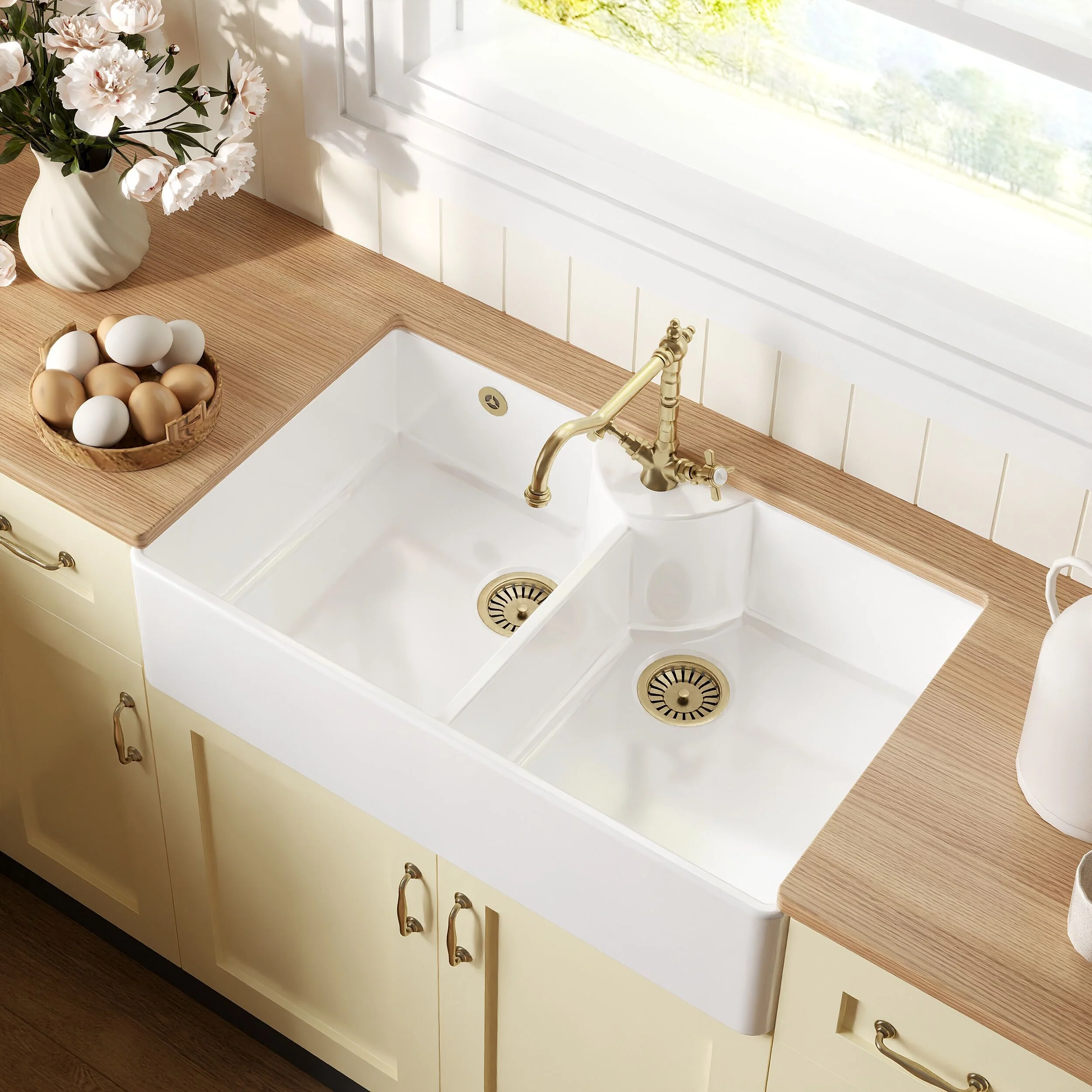 Traditional Fireclay Kitchen Sink Bundle: Double Bowl Butler 1 Tap Hole, Wastes & Classic Tap, 895mm - Brushed Brass - Image 3