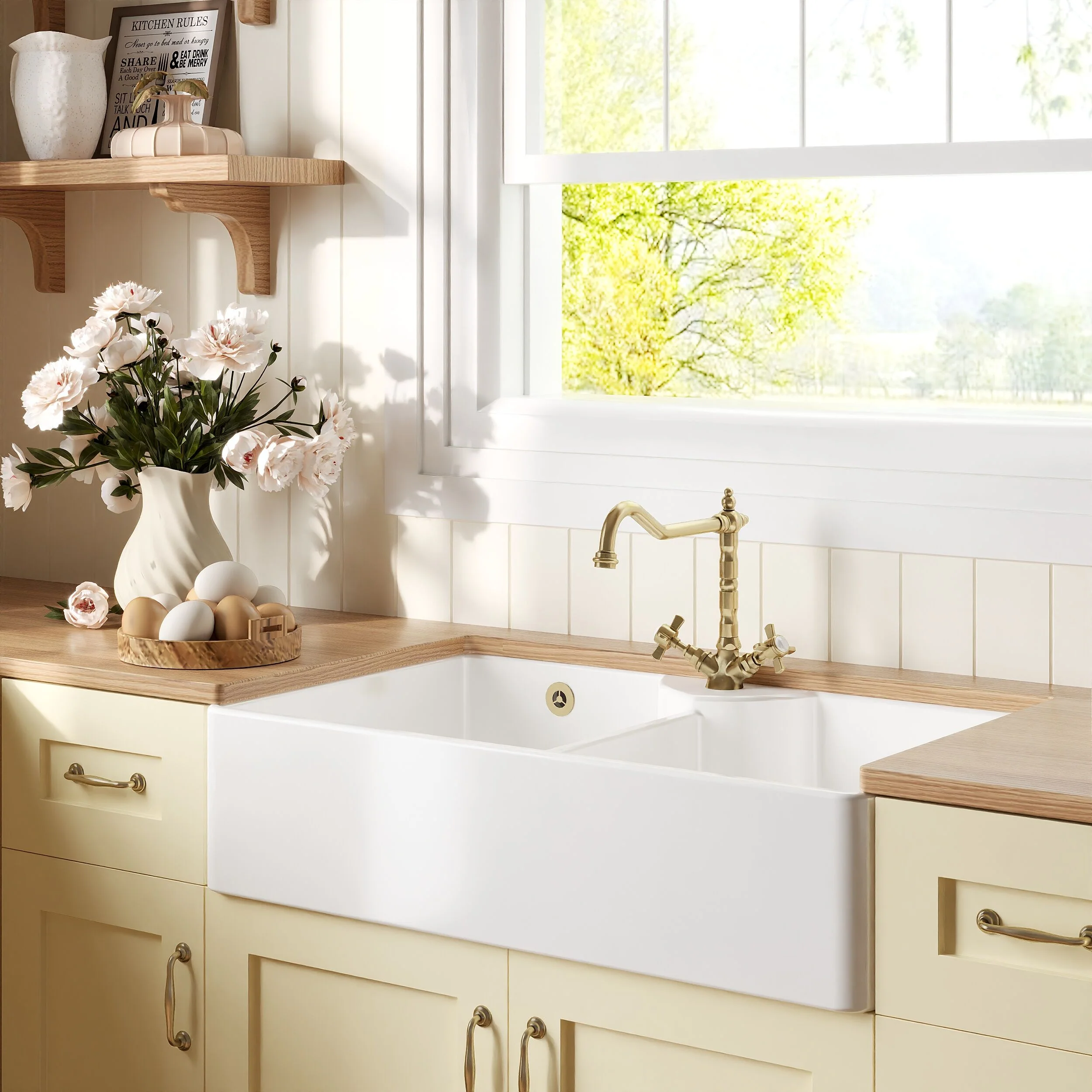 Traditional Fireclay Kitchen Sink Bundle: Double Bowl Butler 1 Tap Hole, Wastes & Classic Tap, 895mm - Brushed Brass - Image 4