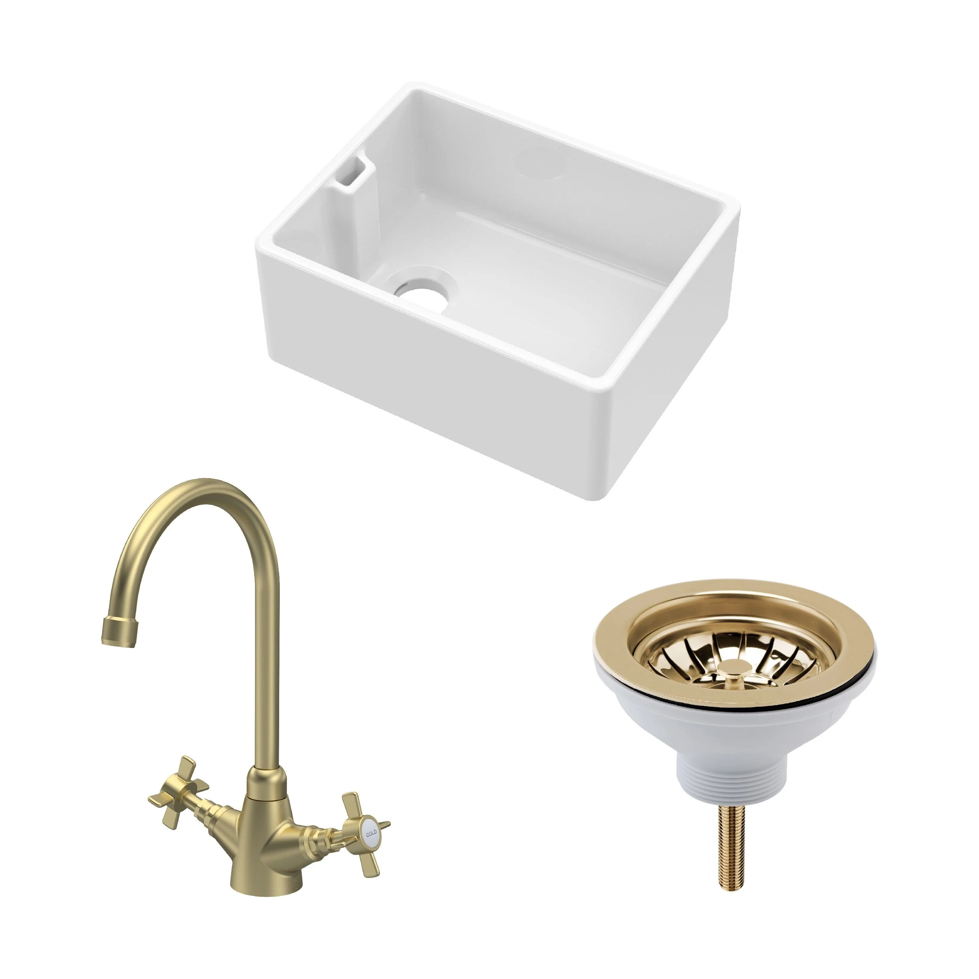 Traditional Fireclay Kitchen Bundle: Single Bowl Belfast Butler Sink with Strainer Waste & Mono Crosshead Tap, 595mm - Brushed Brass