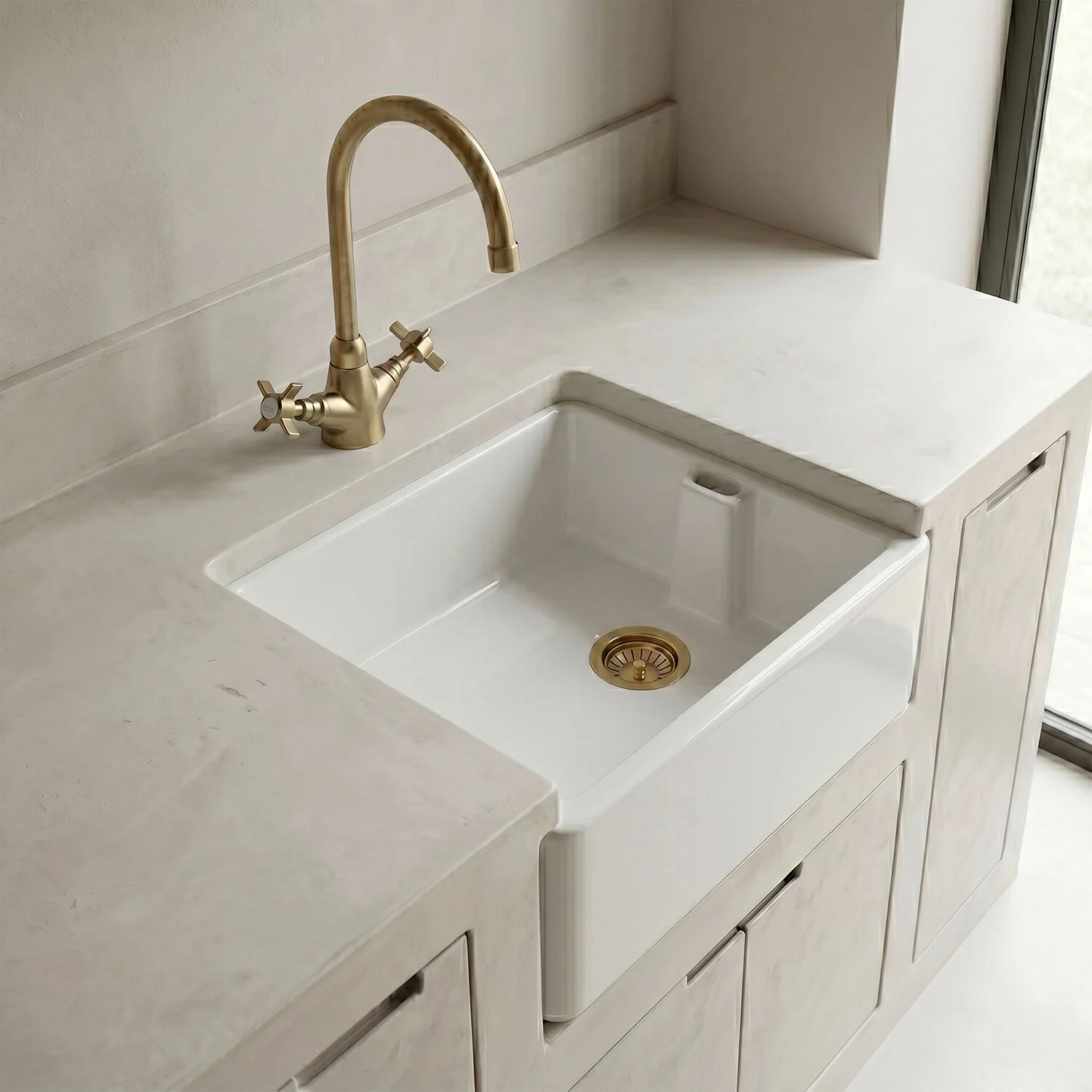 Traditional Fireclay Kitchen Bundle: Single Bowl Belfast Butler Sink with Strainer Waste & Mono Crosshead Tap, 595mm - Brushed Brass - Image 2