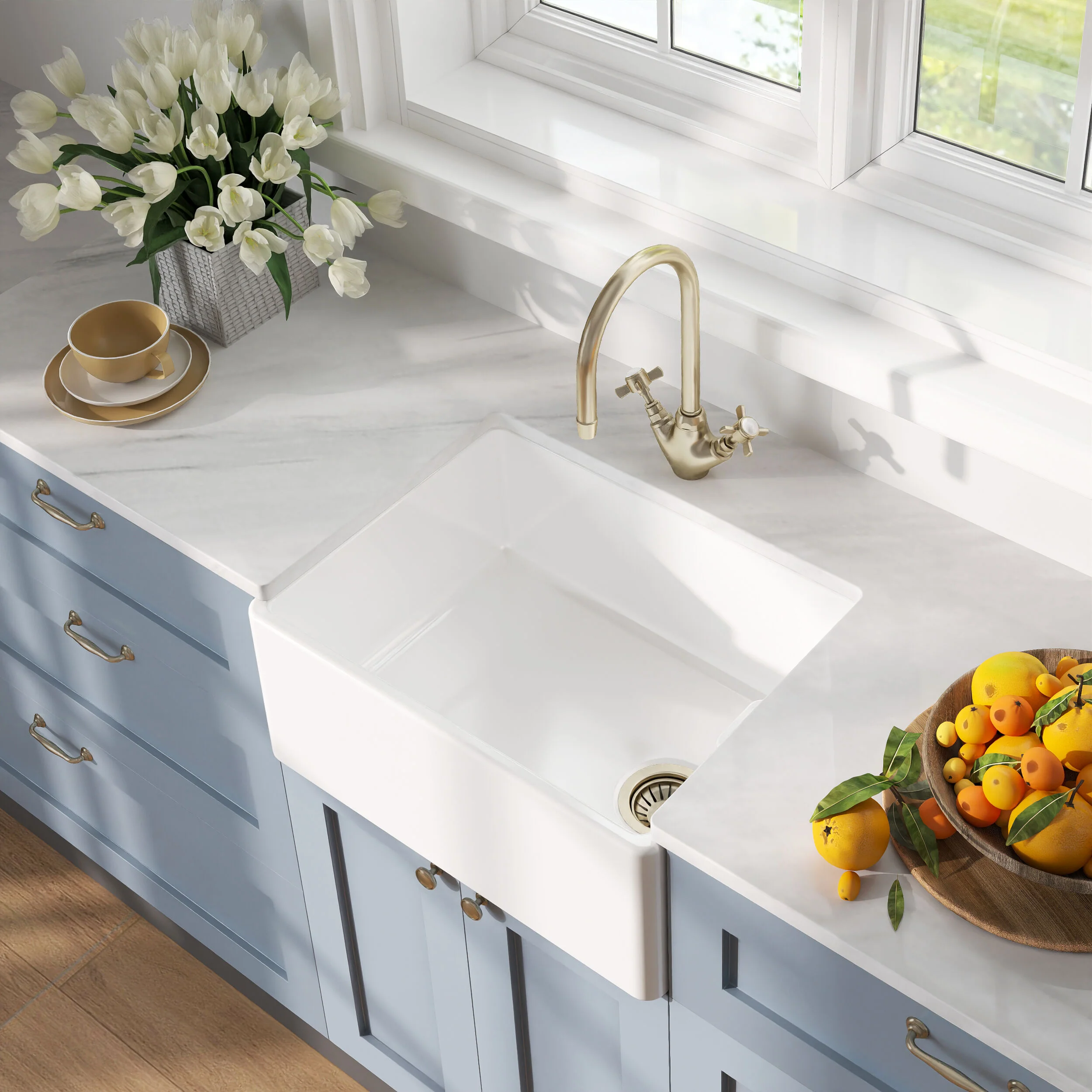 Traditional Fireclay Kitchen Bundle: Single Bowl Belfast Butler Sink with Strainer Waste & Mono Crosshead Tap, 595mm - Brushed Brass - Image 4