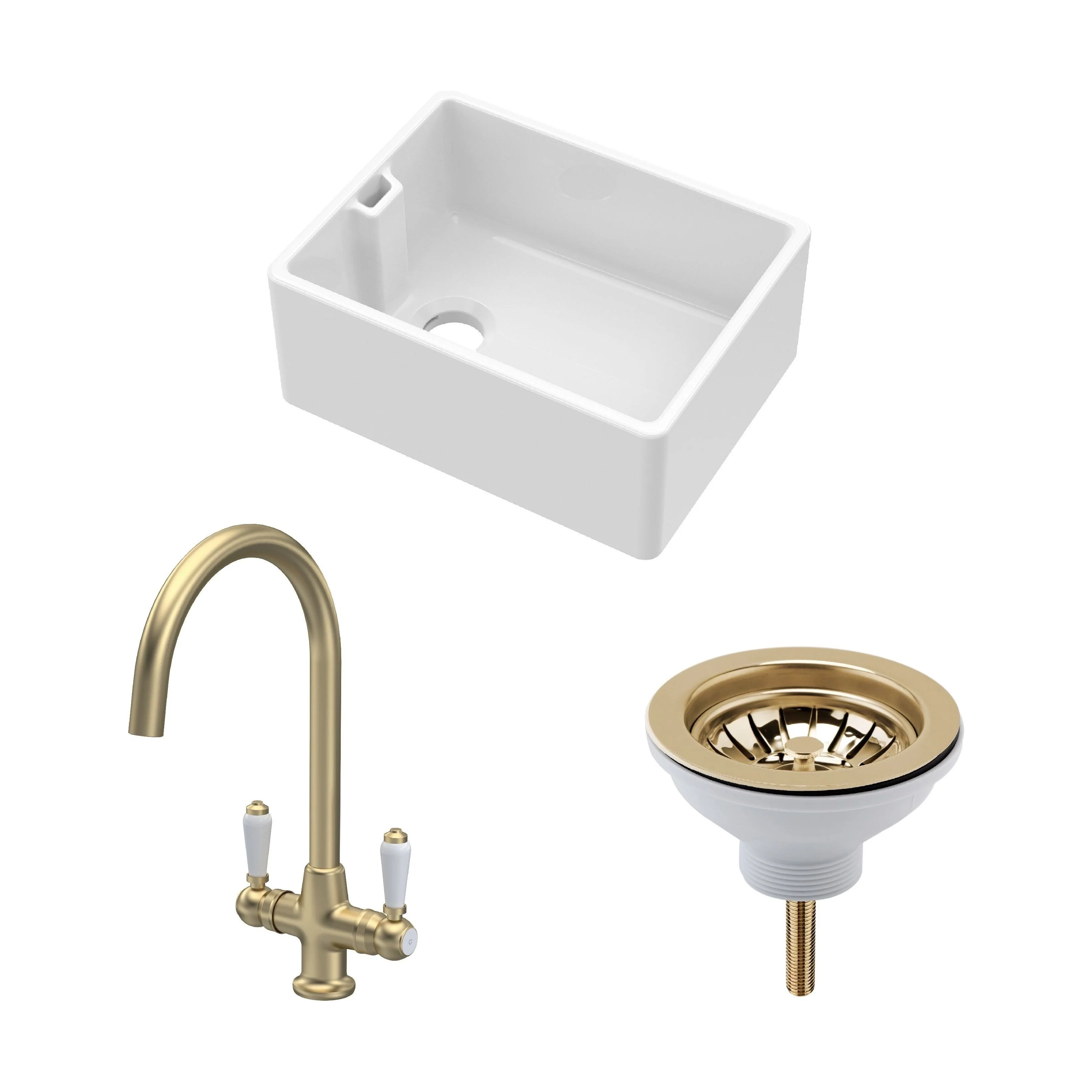 Traditional Fireclay Kitchen Bundle: 1 Bowl Belfast Butler Sink with Strainer Waste & Mono Lever Tap, 595mm - Brushed Brass