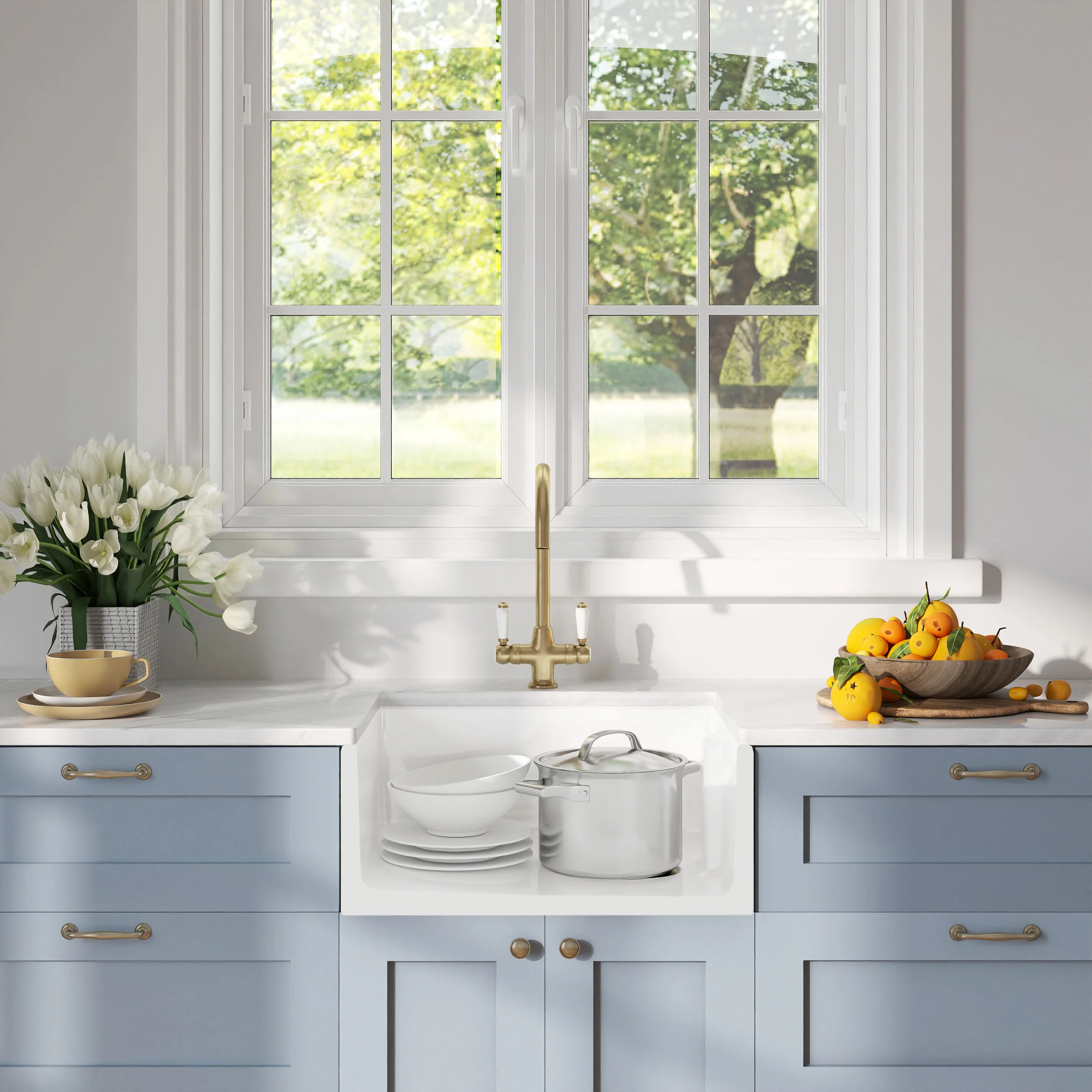Traditional Fireclay Kitchen Bundle: 1 Bowl Belfast Butler Sink with Strainer Waste & Mono Lever Tap, 595mm - Brushed Brass - Image 3