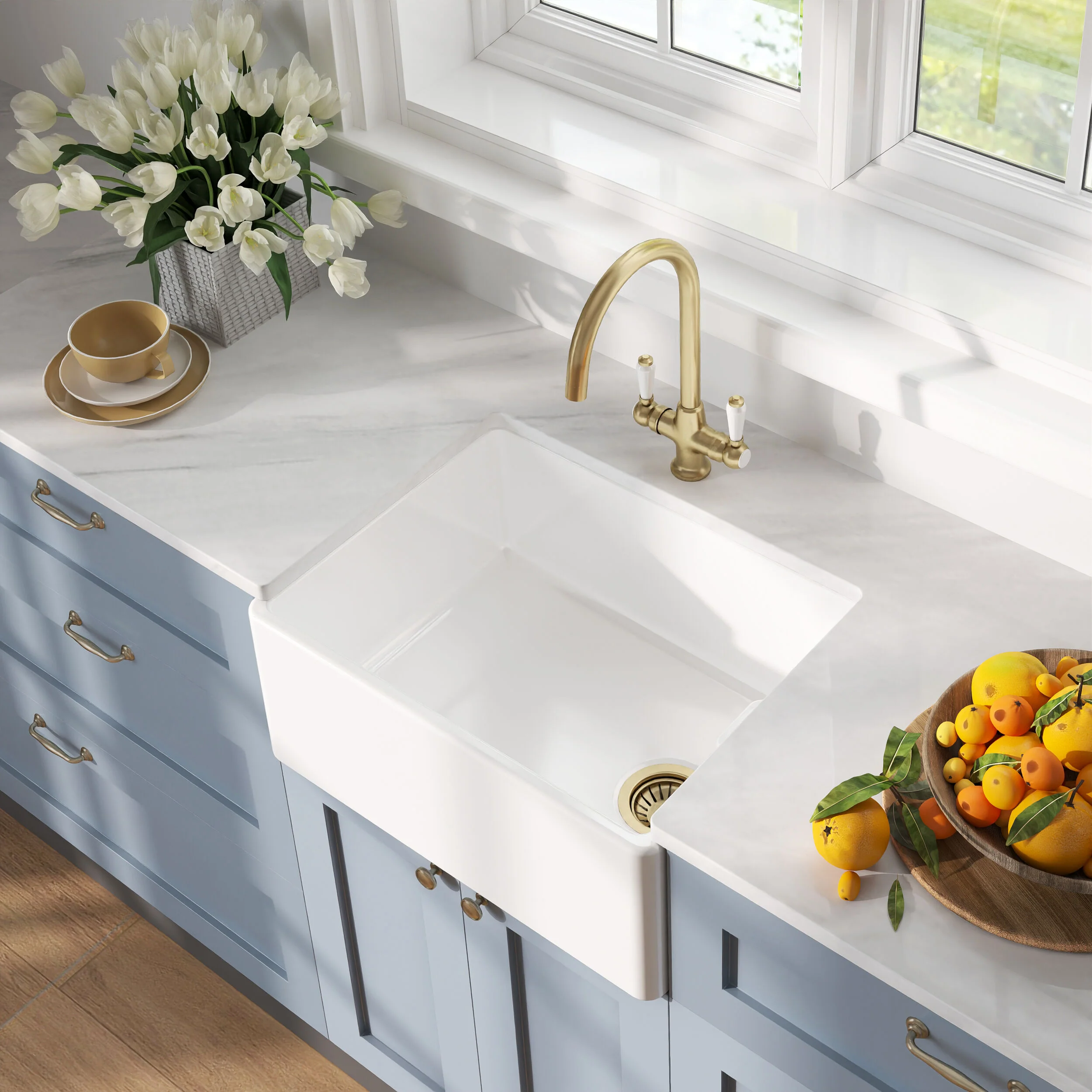 Traditional Fireclay Kitchen Bundle: 1 Bowl Belfast Butler Sink with Strainer Waste & Mono Lever Tap, 595mm - Brushed Brass - Image 4