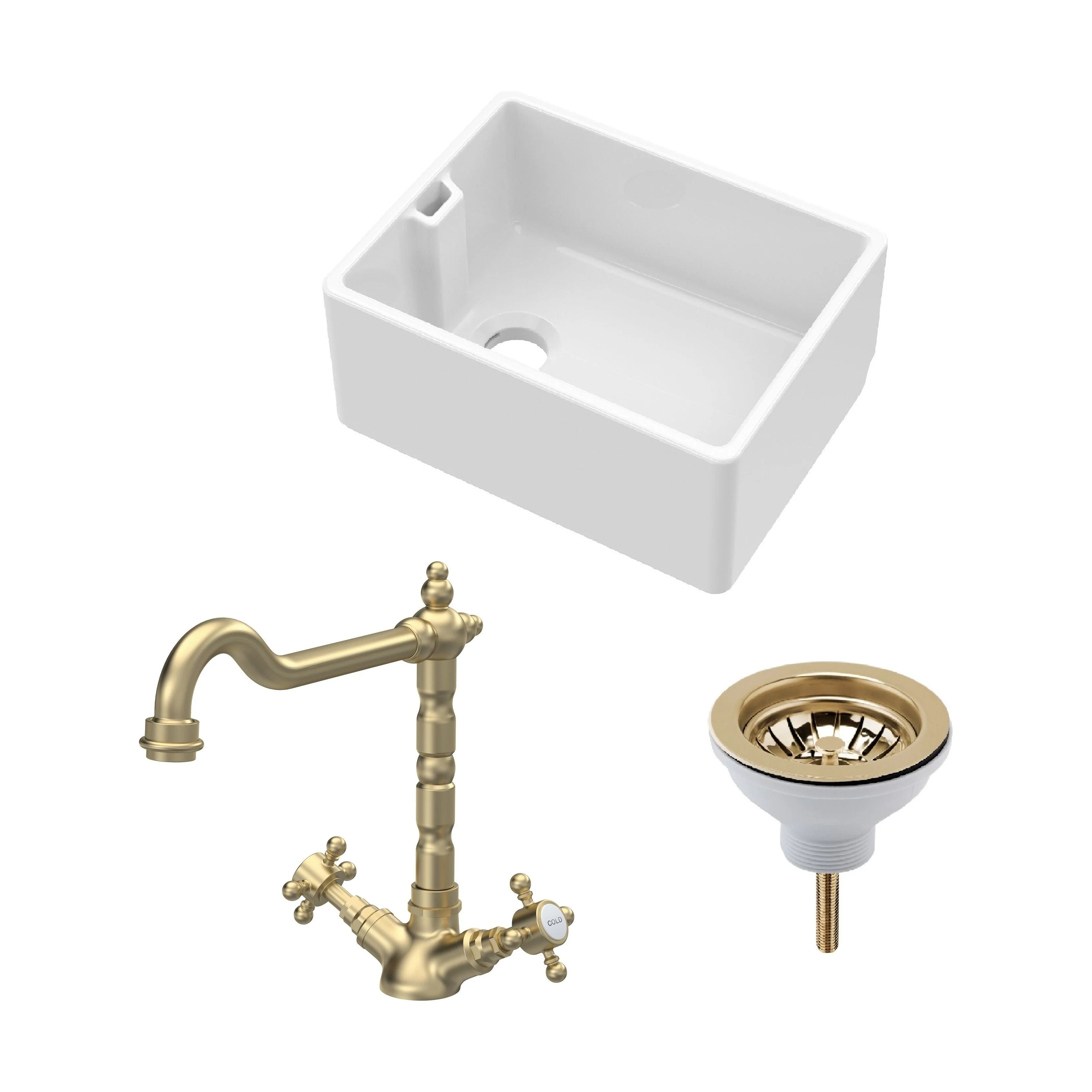 Traditional Fireclay Kitchen Bundle: 1 Bowl Belfast Butler Sink with Strainer Waste & French Classic Tap, 595mm - Brushed Brass