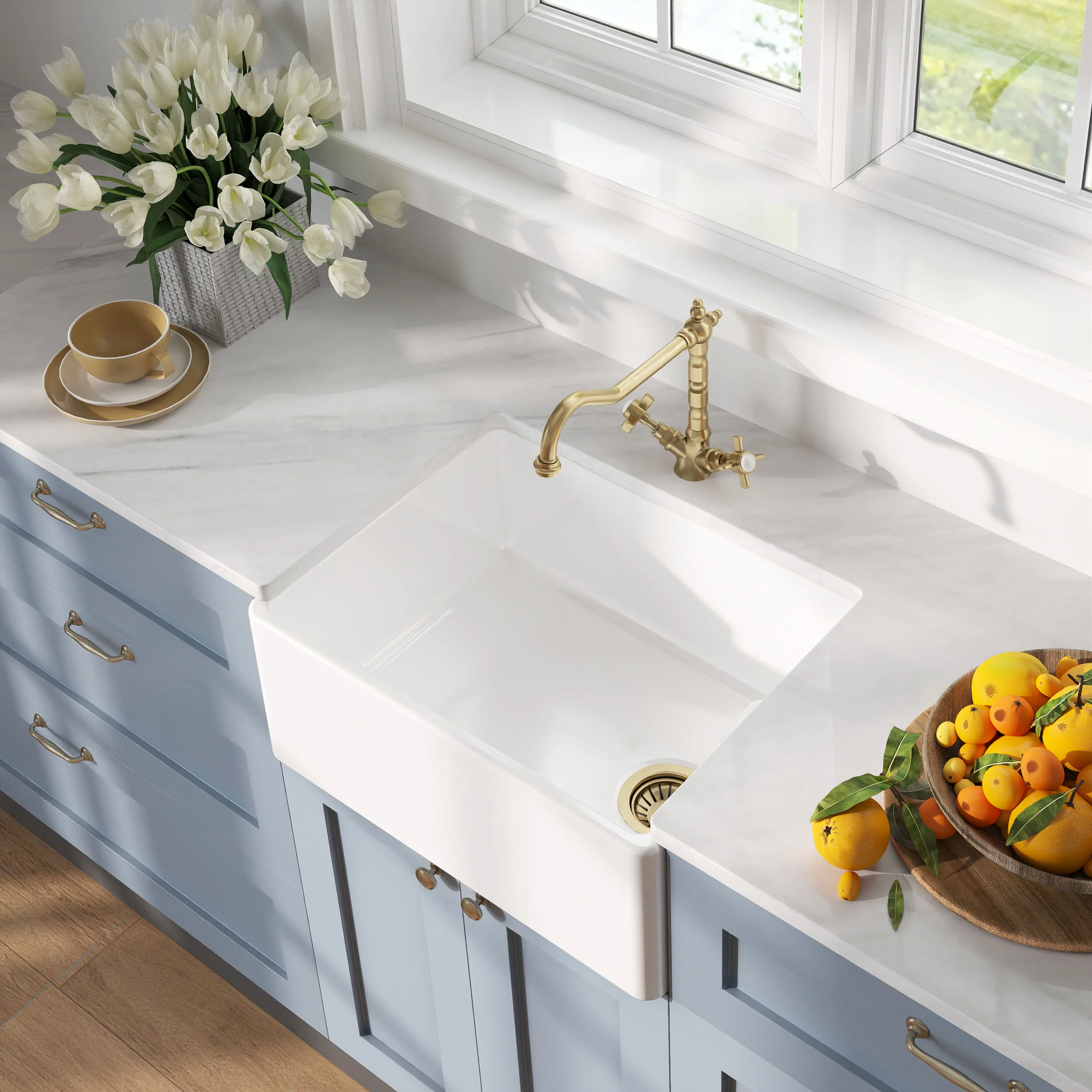 Traditional Fireclay Kitchen Bundle: 1 Bowl Belfast Butler Sink with Strainer Waste & French Classic Tap, 595mm - Brushed Brass - Image 4