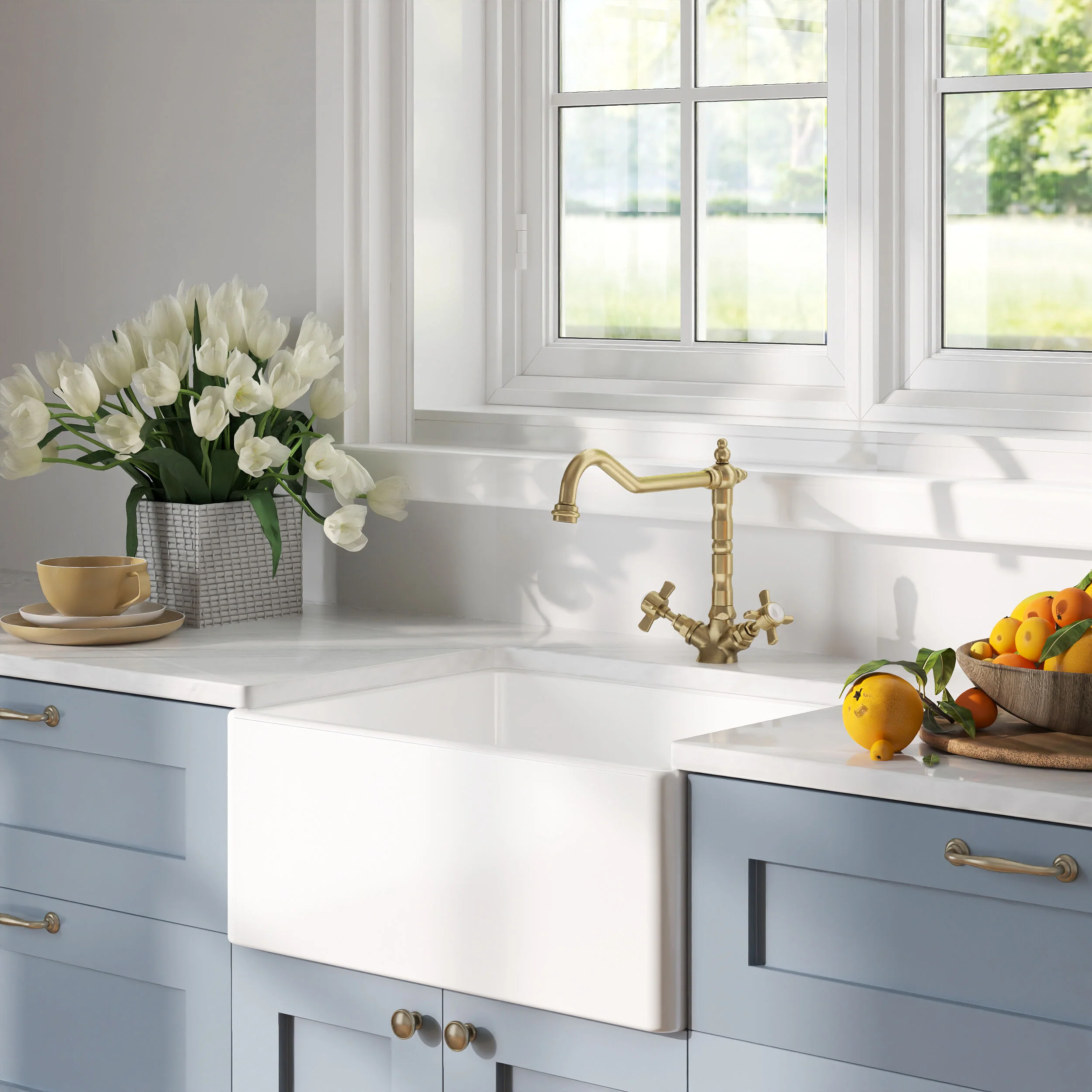 Traditional Fireclay Kitchen Bundle: 1 Bowl Belfast Butler Sink with Strainer Waste & French Classic Tap, 595mm - Brushed Brass - Image 5