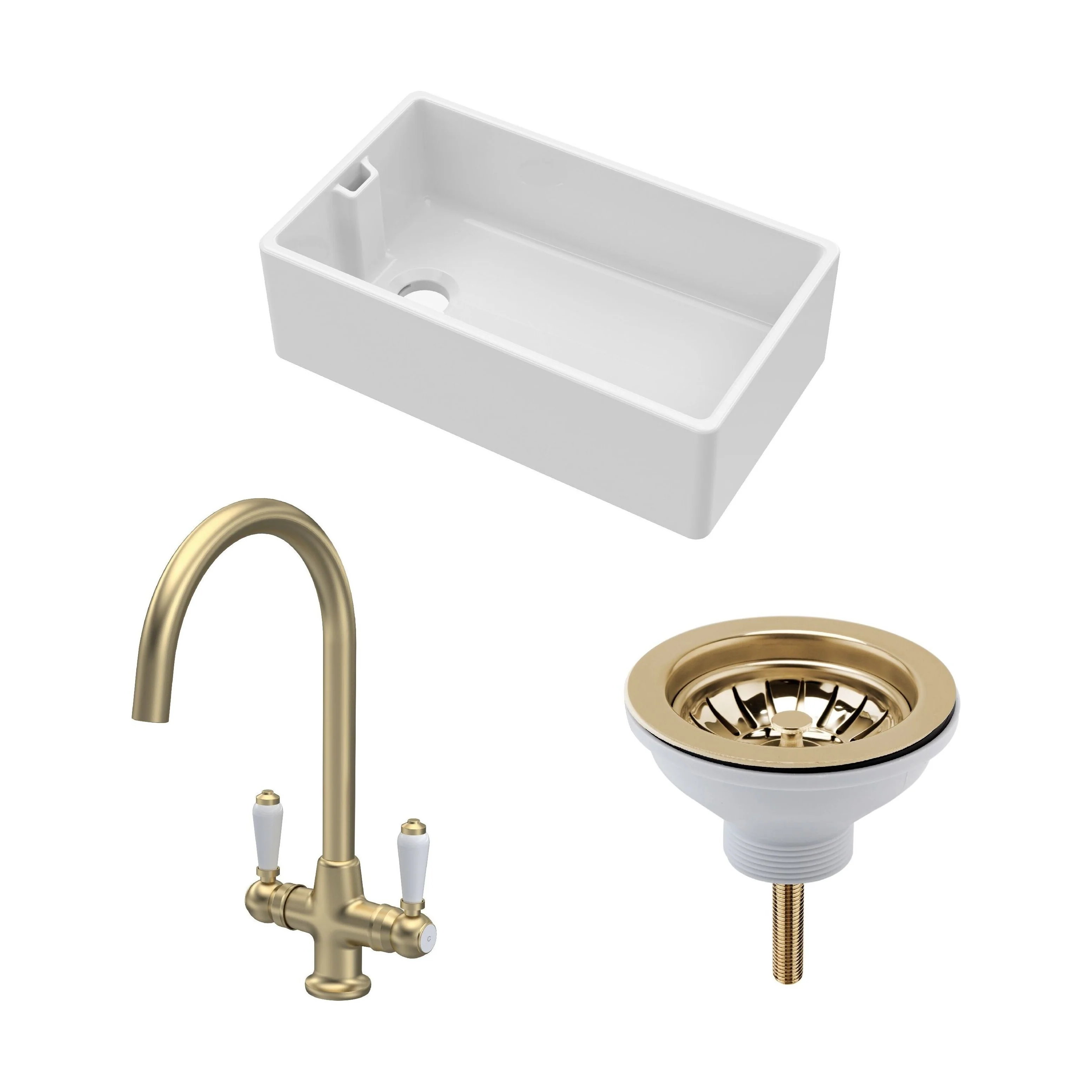 Traditional Fireclay Kitchen Bundle: Single Bowl Belfast Sink with Strainer Waste & Mono Lever Tap, 795mm - Brushed Brass