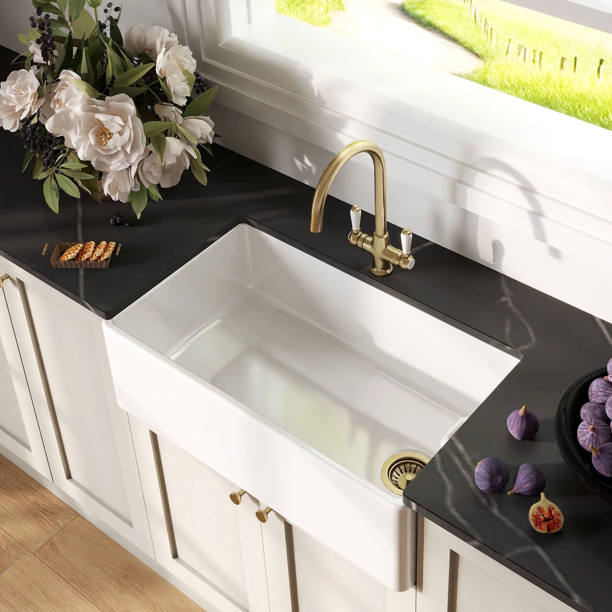 Traditional Fireclay Kitchen Bundle: Single Bowl Belfast Sink with Strainer Waste & Mono Lever Tap, 795mm - Brushed Brass - Image 3