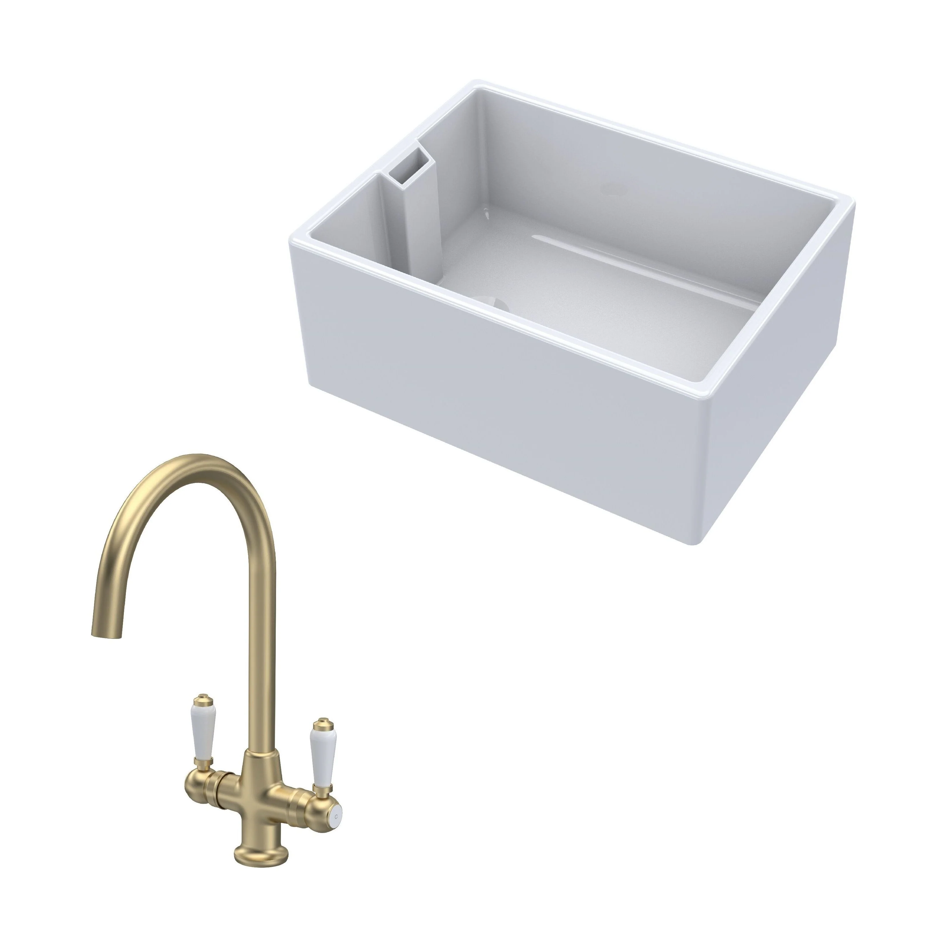 Traditional Fireclay Kitchen Bundle: 1 Bowl Belfast Sink & Mono Lever Handle Tap, 615mm - Brushed Brass