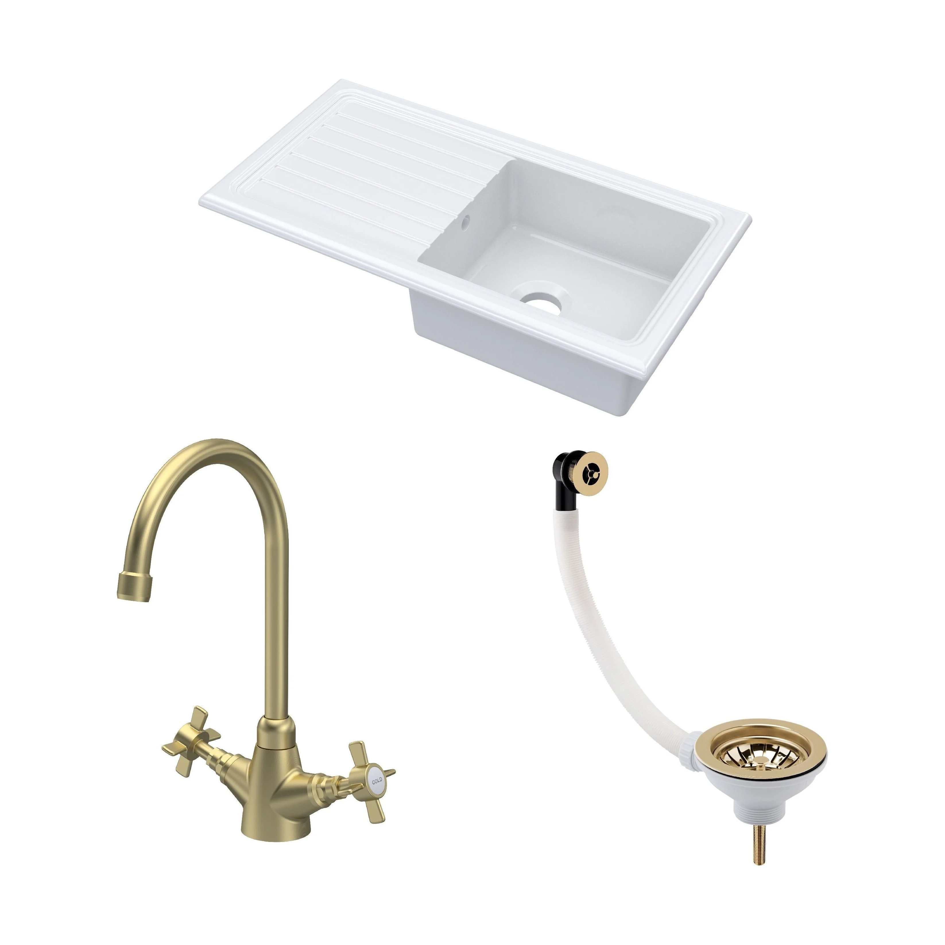 Traditional Fireclay Kitchen Bundle: Single Bowl Sink & Drainer with Waste & Mono Crosshead Tap, 1010mm - Brushed Brass