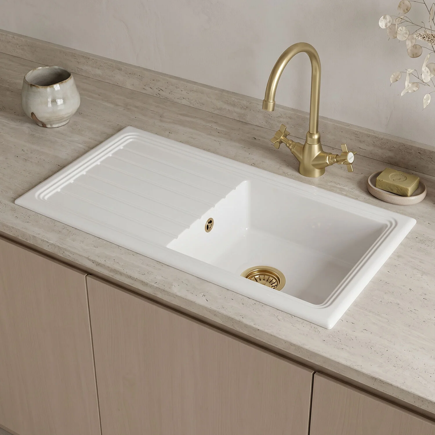 Traditional Fireclay Kitchen Bundle: Single Bowl Sink & Drainer with Waste & Mono Crosshead Tap, 1010mm - Brushed Brass - Image 2