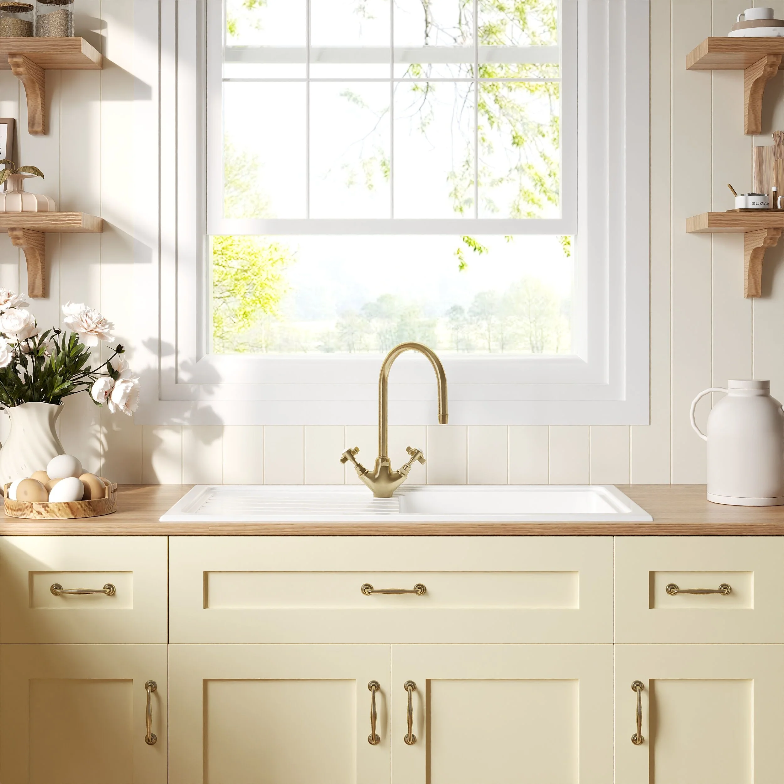 Traditional Fireclay Kitchen Bundle: Single Bowl Sink & Drainer with Waste & Mono Crosshead Tap, 1010mm - Brushed Brass - Image 3