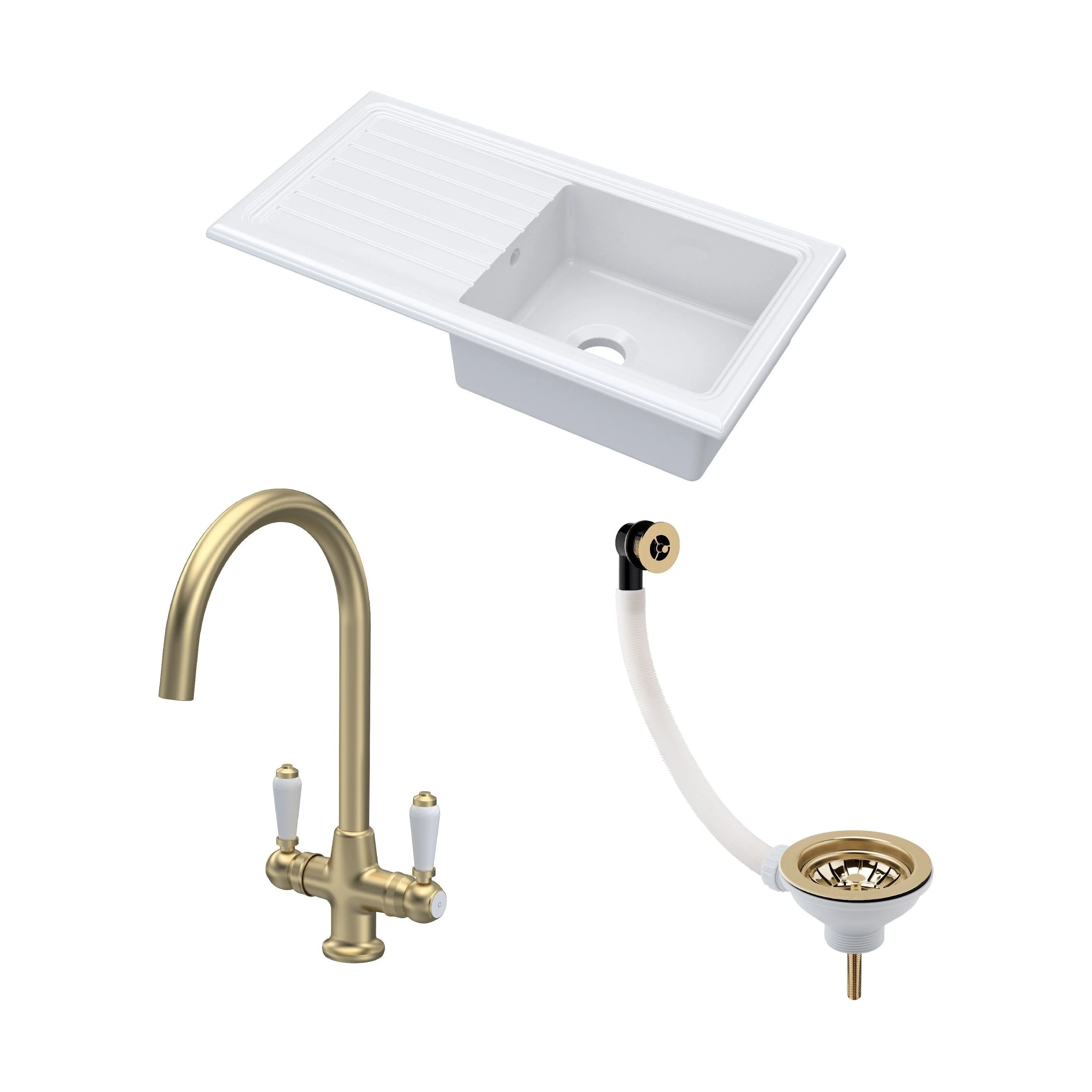 Traditional Fireclay Kitchen Bundle: Single Bowl Sink & Drainer with Waste & Mono Lever Tap, 1010mm - Brushed Brass