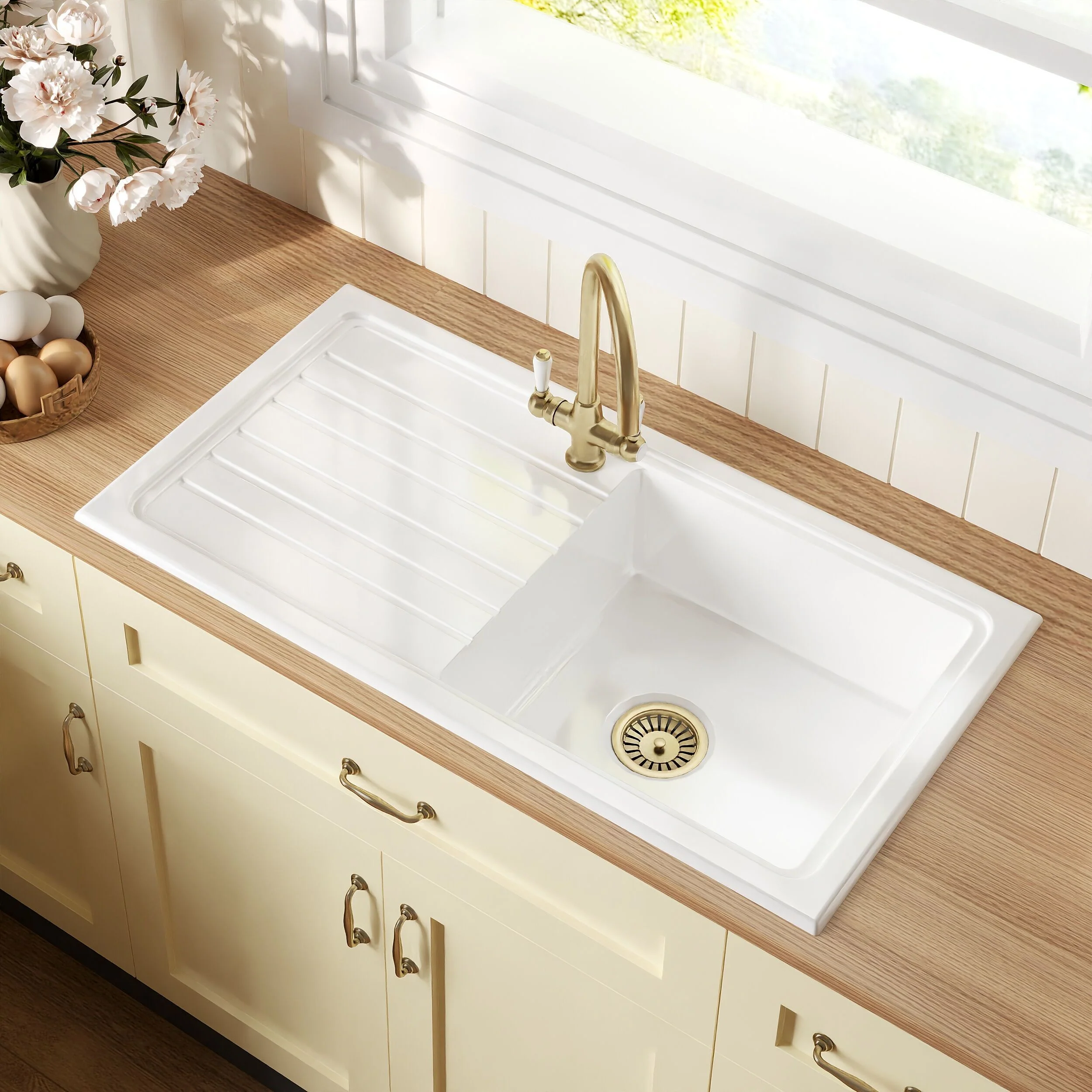 Traditional Fireclay Kitchen Bundle: Single Bowl Sink & Drainer with Waste & Mono Lever Tap, 1010mm - Brushed Brass - Image 4