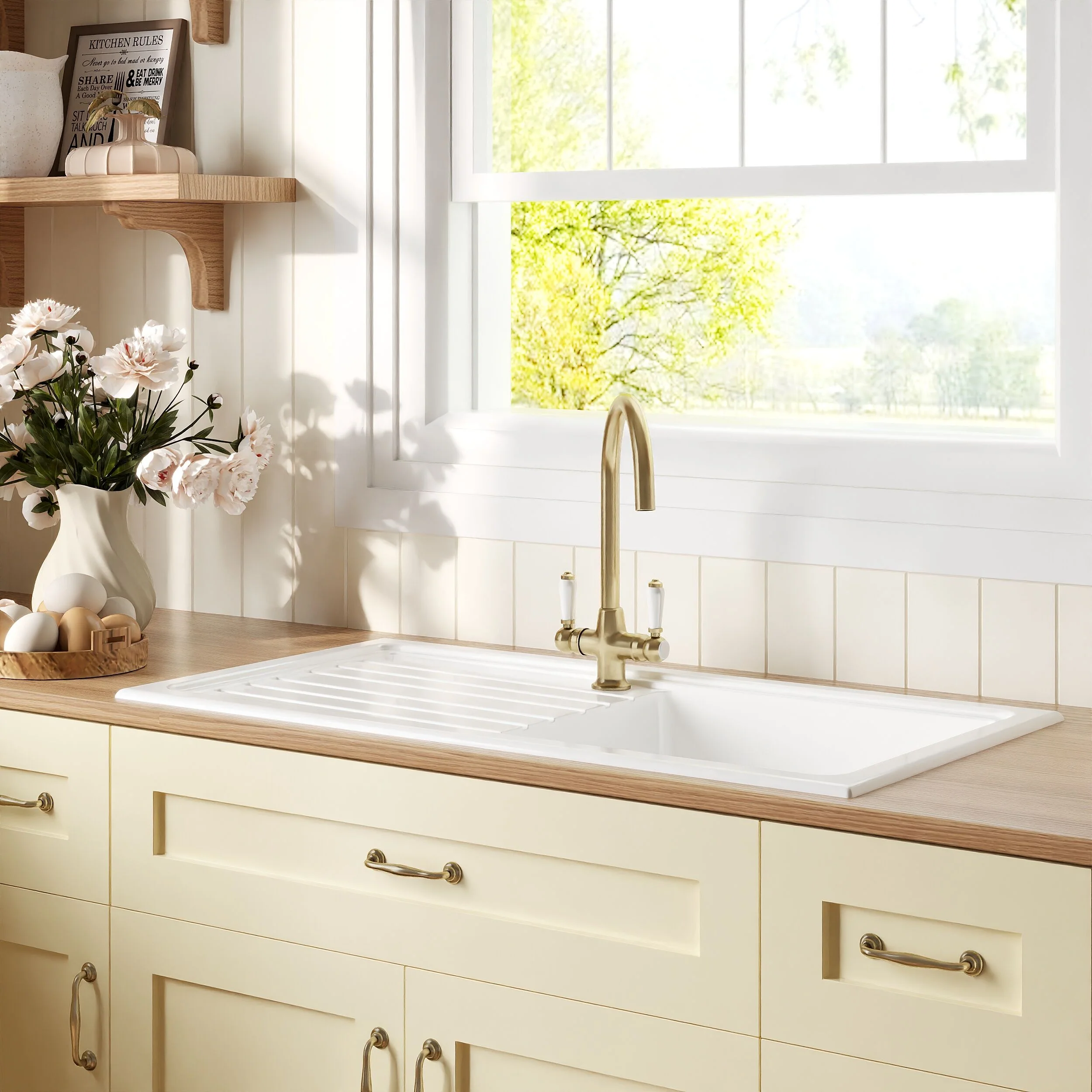 Traditional Fireclay Kitchen Bundle: Single Bowl Sink & Drainer with Waste & Mono Lever Tap, 1010mm - Brushed Brass - Image 5