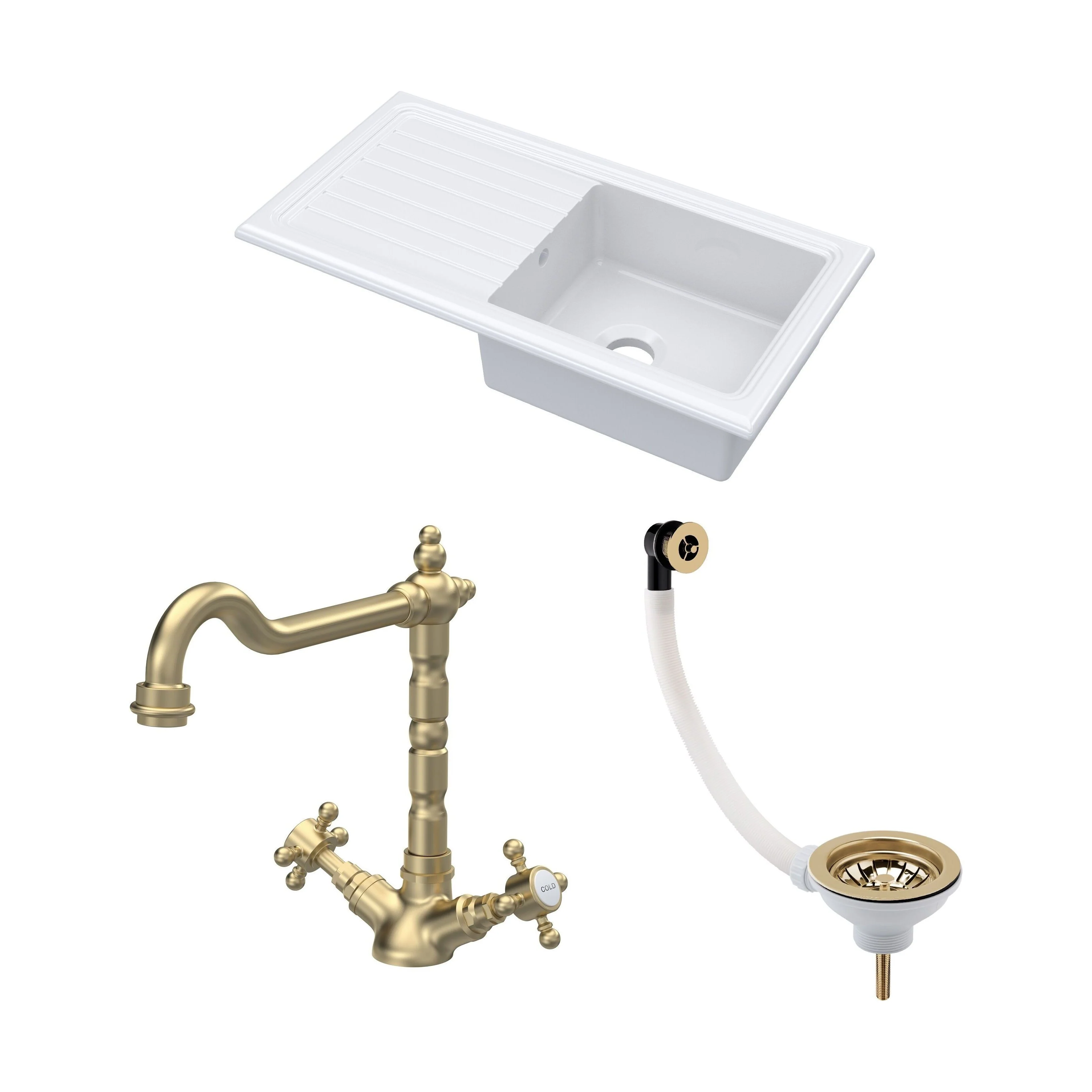 Traditional Fireclay Kitchen Bundle: Single Bowl Sink & Drainer with Waste & French Classic Tap, 1010mm - Brushed Brass