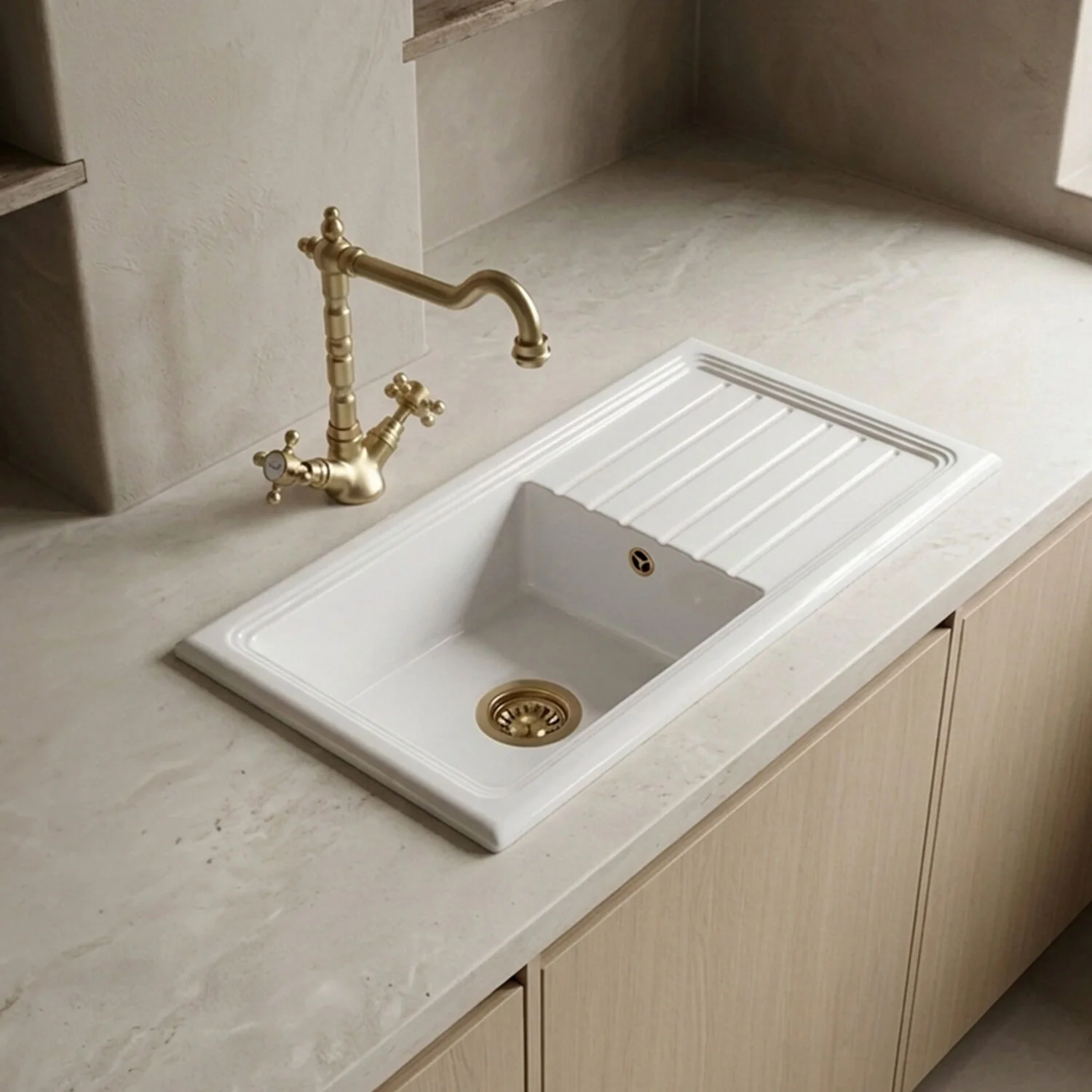 Traditional Fireclay Kitchen Bundle: Single Bowl Sink & Drainer with Waste & French Classic Tap, 1010mm - Brushed Brass - Image 2
