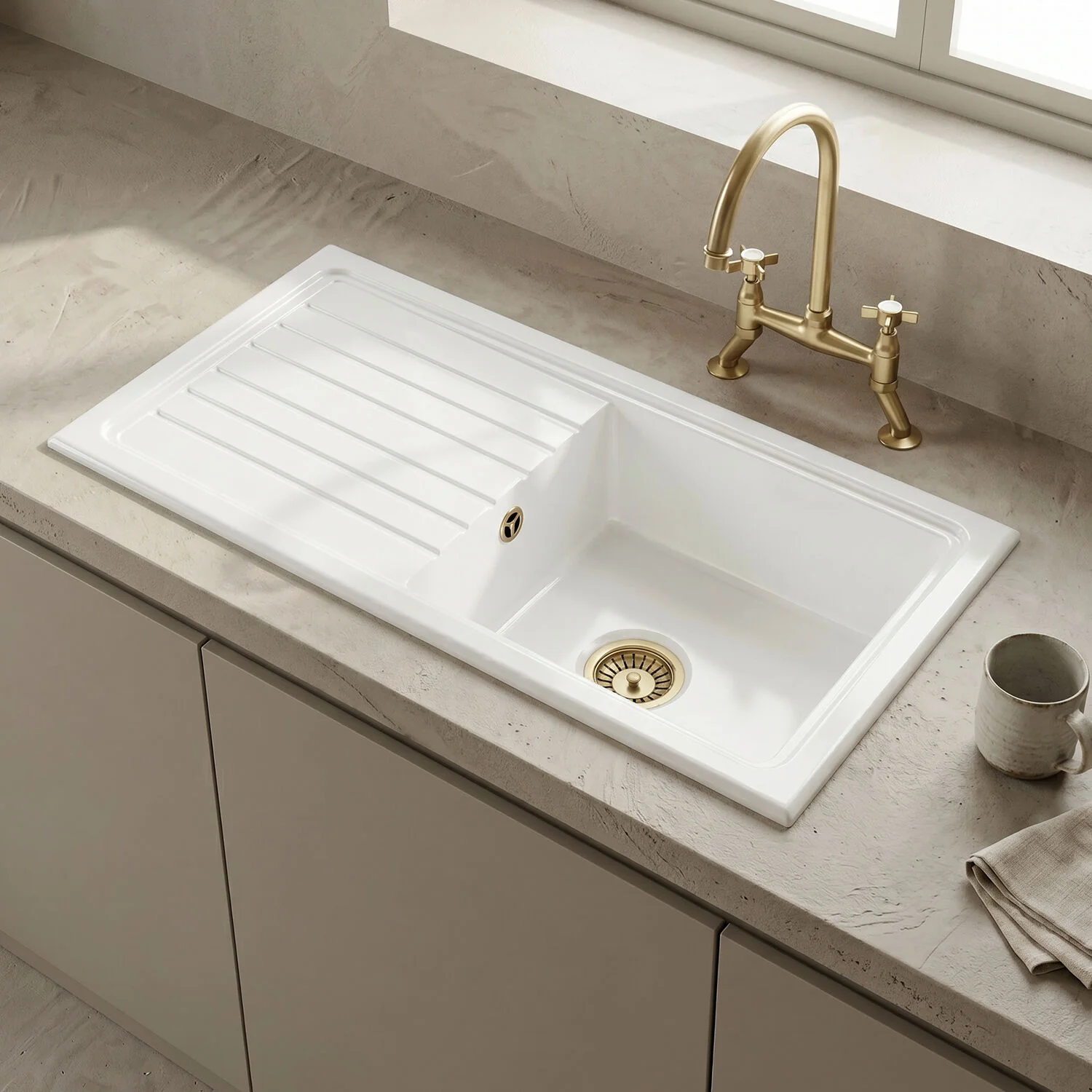 Traditional Fireclay Kitchen Bundle: Single Bowl Sink & Drainer with Waste & Bridge Crosshead Tap, 1010mm - Brushed Brass - Image 2