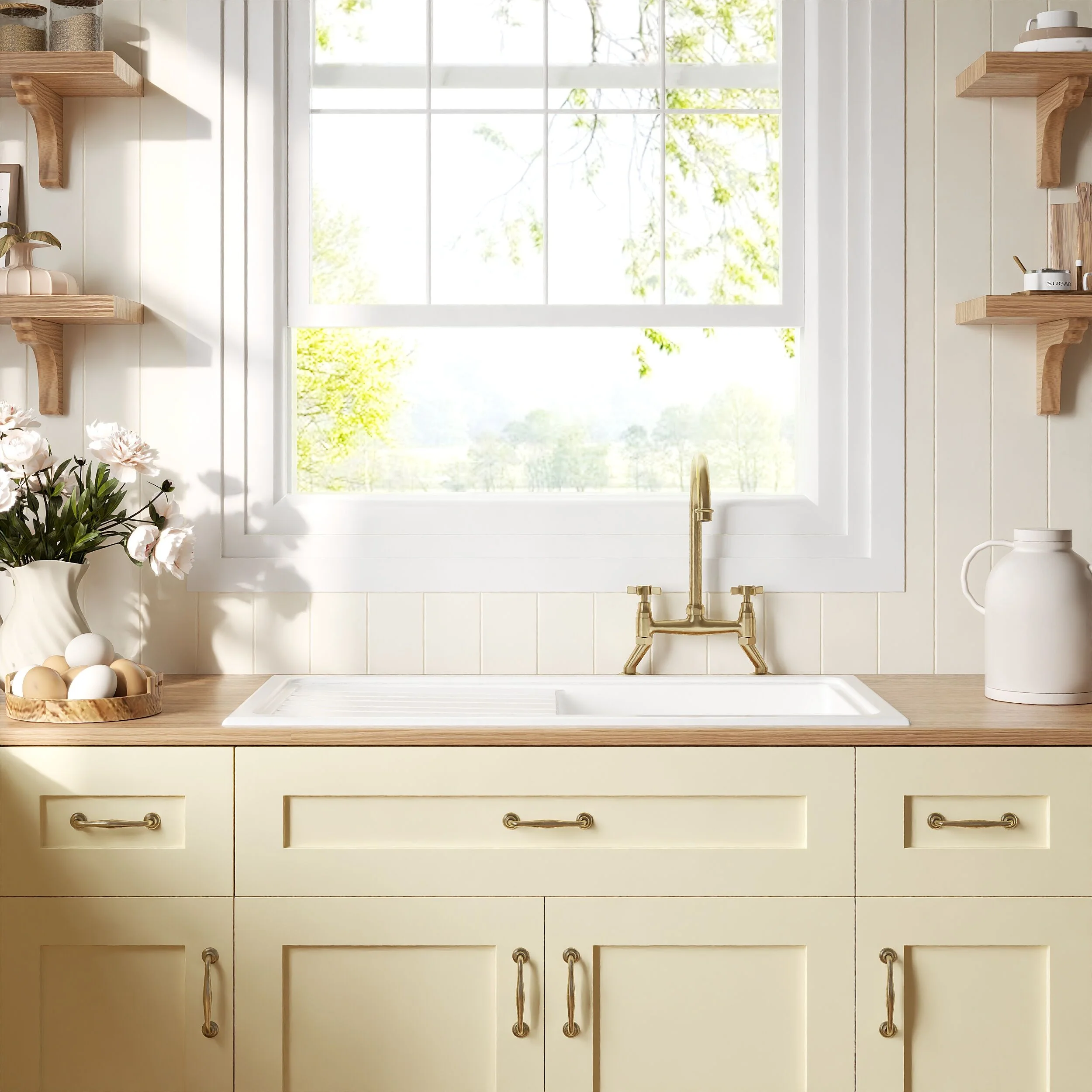 Traditional Fireclay Kitchen Bundle: Single Bowl Sink & Drainer with Waste & Bridge Crosshead Tap, 1010mm - Brushed Brass - Image 3