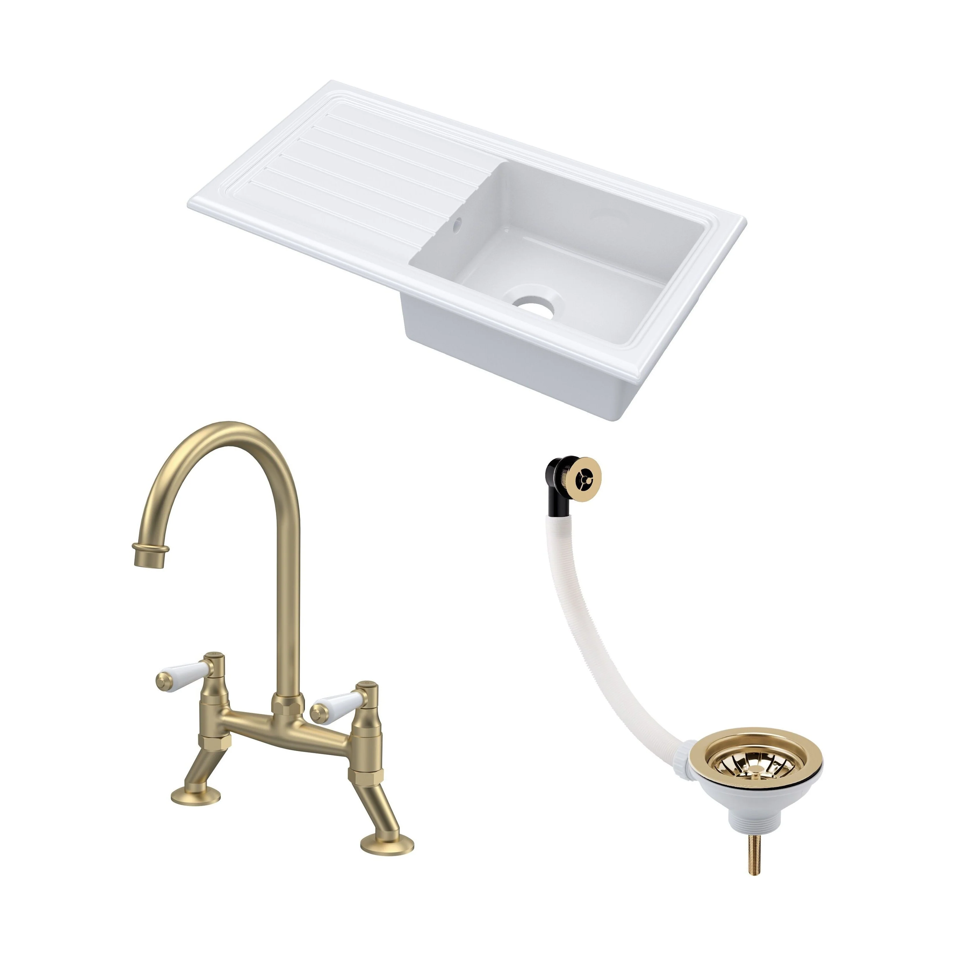 Traditional Fireclay Kitchen Bundle: Single Bowl Sink & Drainer with Waste & Bridge Lever Tap, 1010mm - Brushed Brass