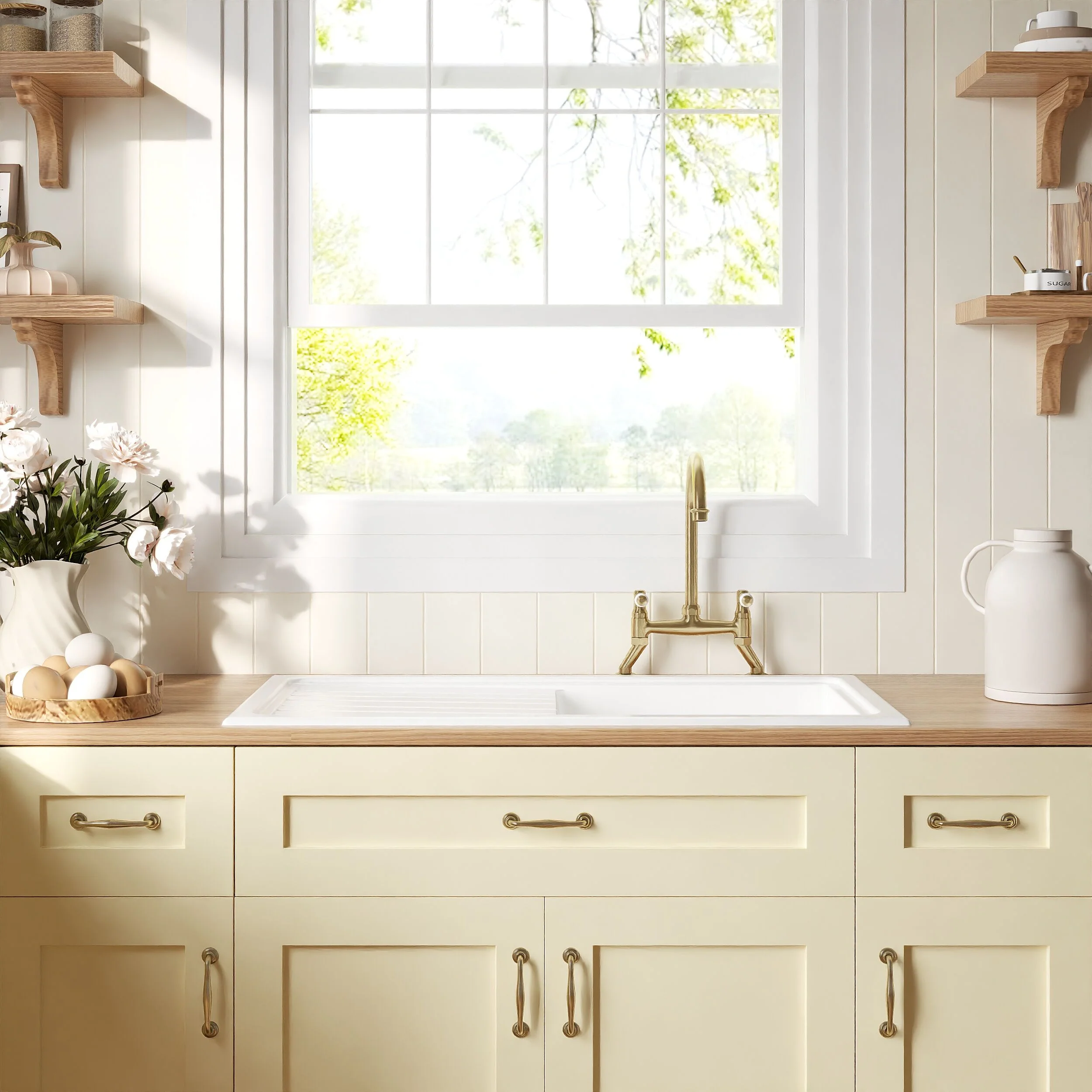 Traditional Fireclay Kitchen Bundle: Single Bowl Sink & Drainer with Waste & Bridge Lever Tap, 1010mm - Brushed Brass - Image 3