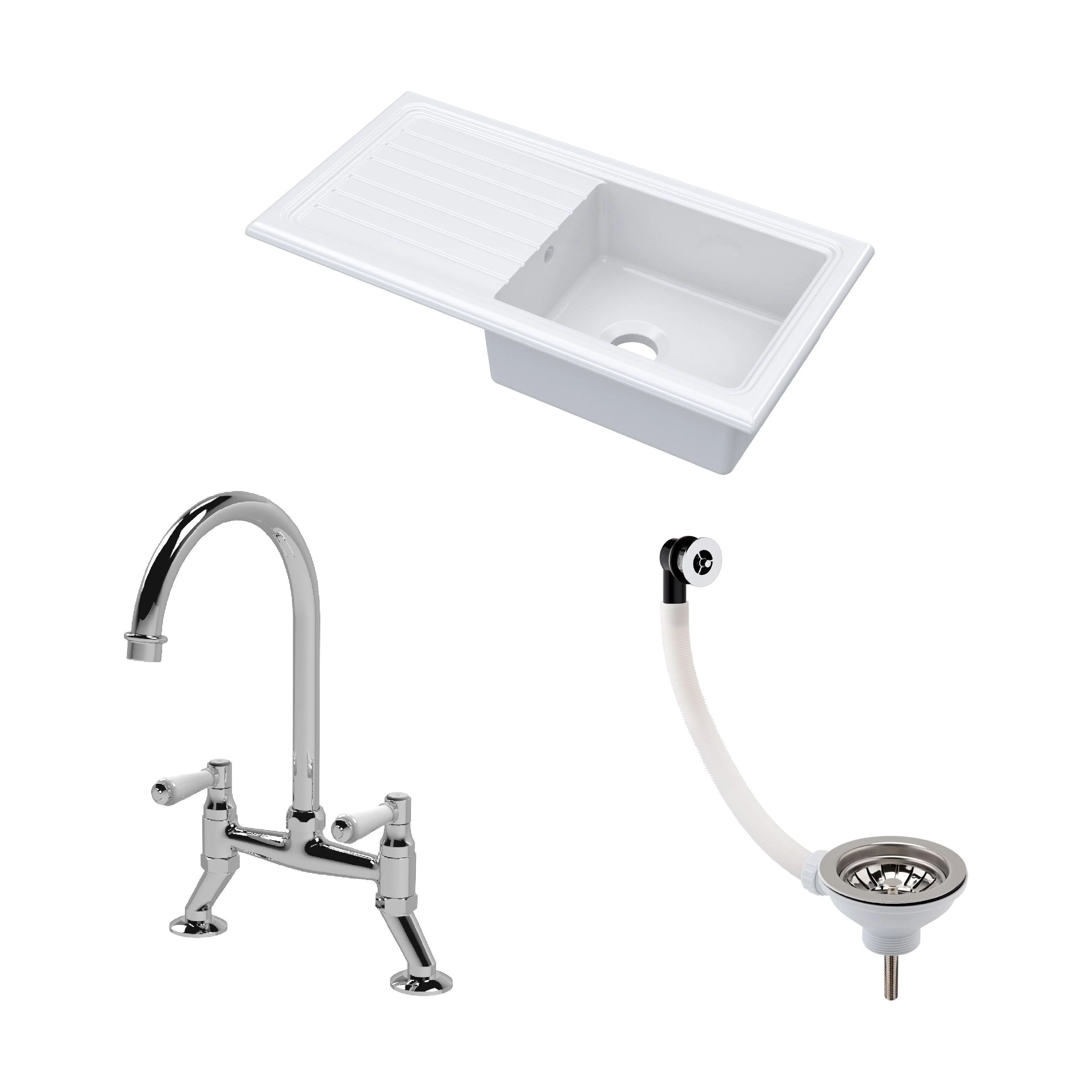 Traditional Fireclay Kitchen Bundle: Single Bowl Sink & Drainer with Bridge Lever Mixer Tap, Basket Strainer Waste, 1010mm - Chrome