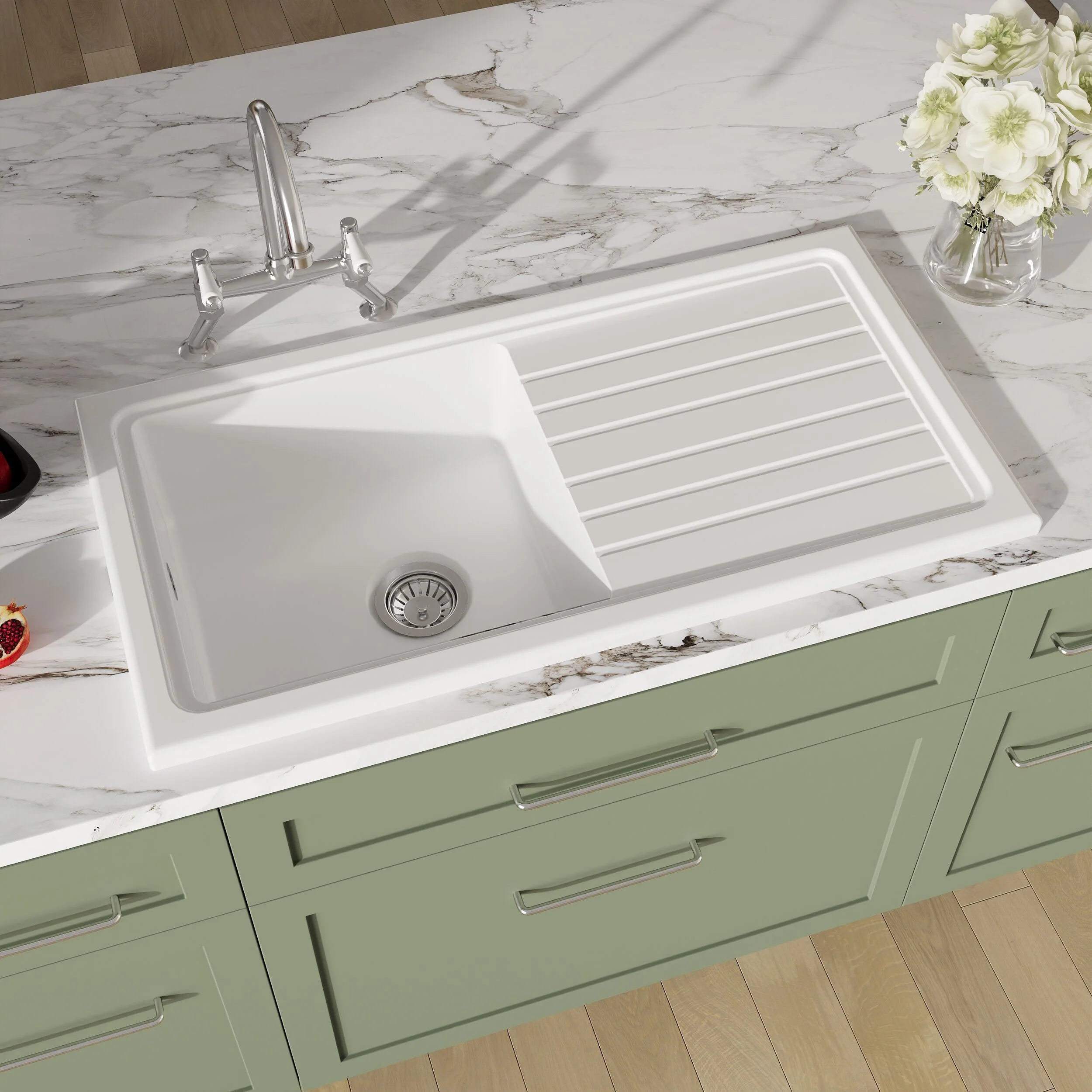 Traditional Fireclay Kitchen Bundle: Single Bowl Sink & Drainer with Bridge Lever Mixer Tap, Basket Strainer Waste, 1010mm - Chrome - Image 3