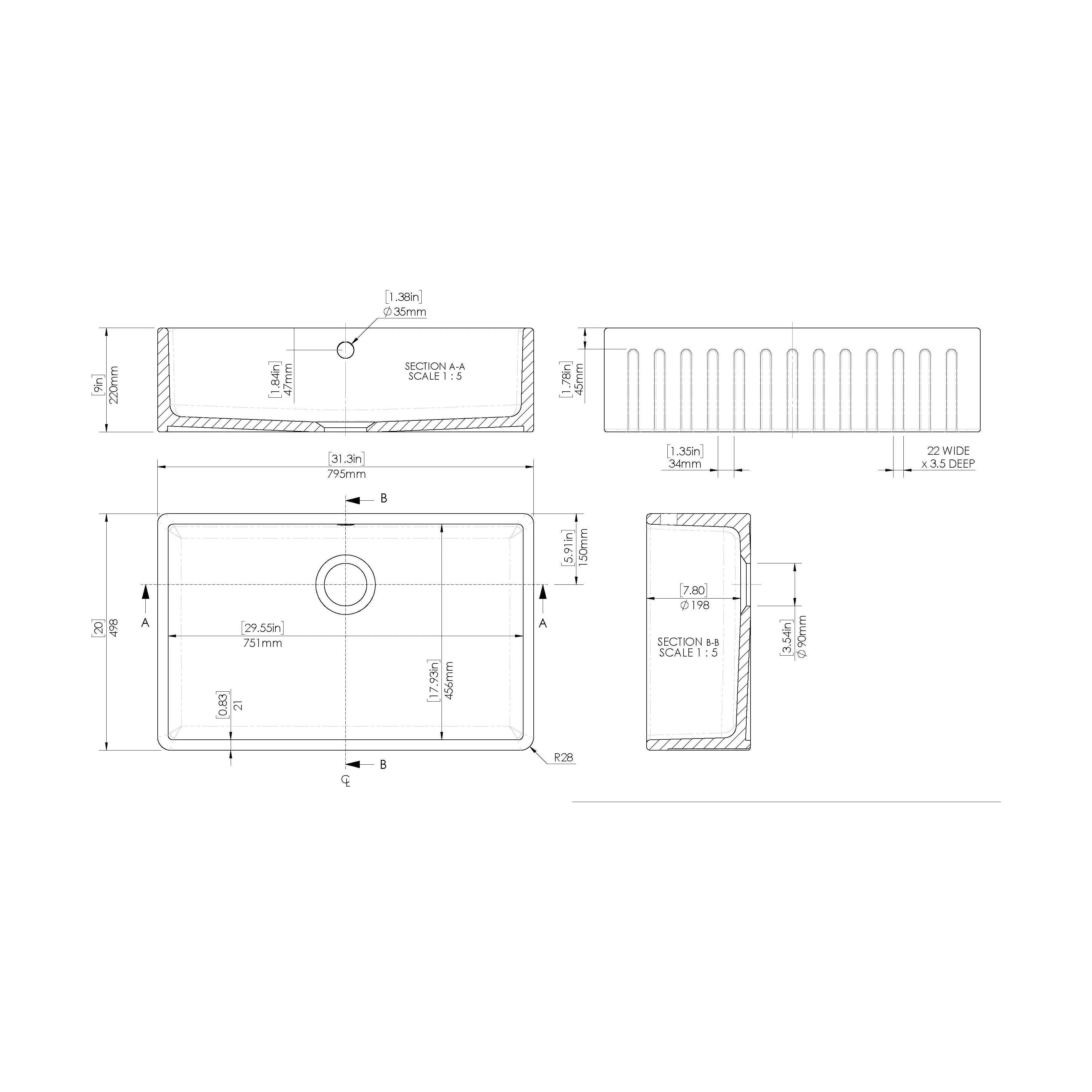 Traditional Fireclay Kitchen Single Bowl Fluted Front Butler Sink with Overflow - 795mm - Image 6
