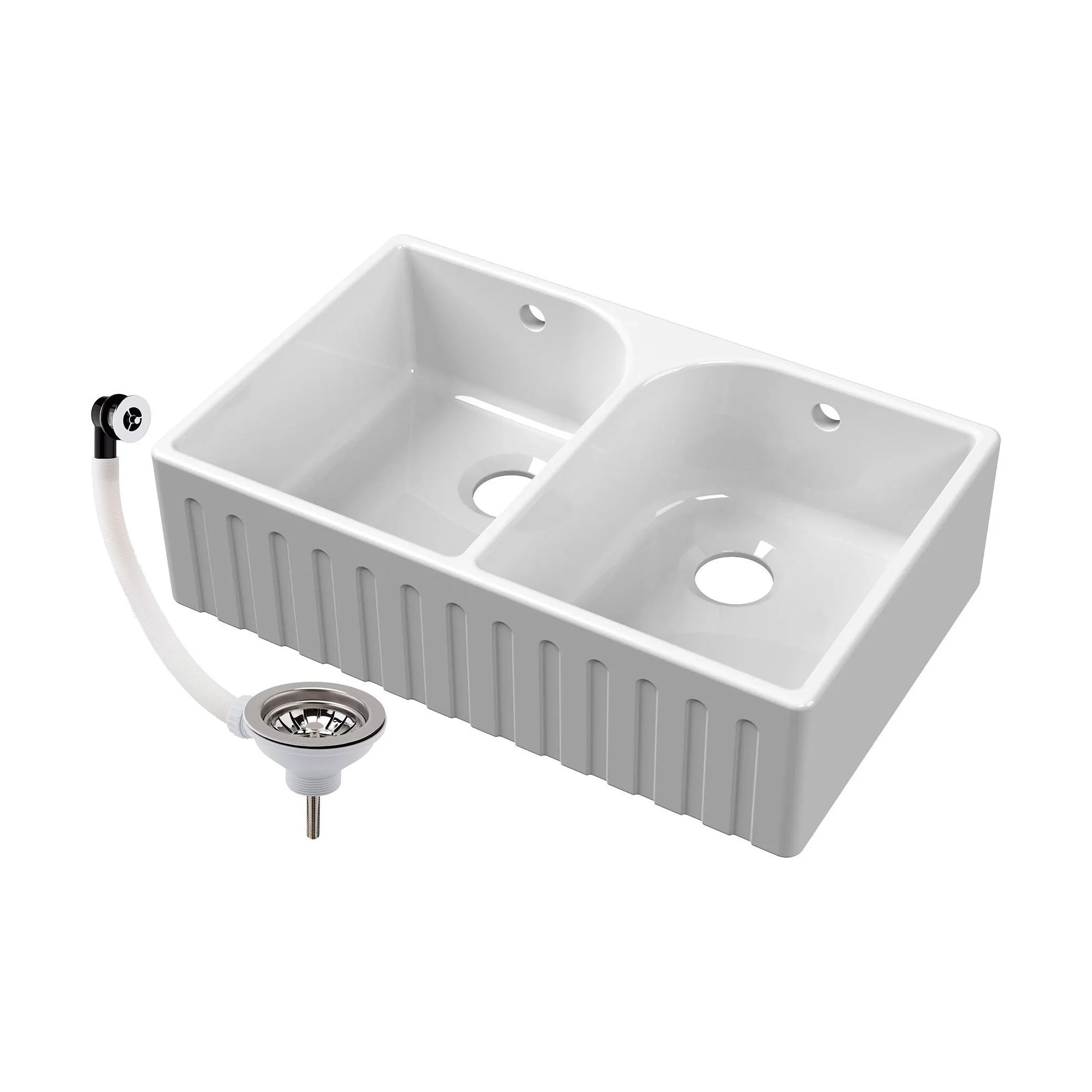 Fireclay Double Bowl Fluted Front Butler Kitchen Sink with Full Weir, Overflows, Tap Ledge and Wastes, 795mm - Chrome