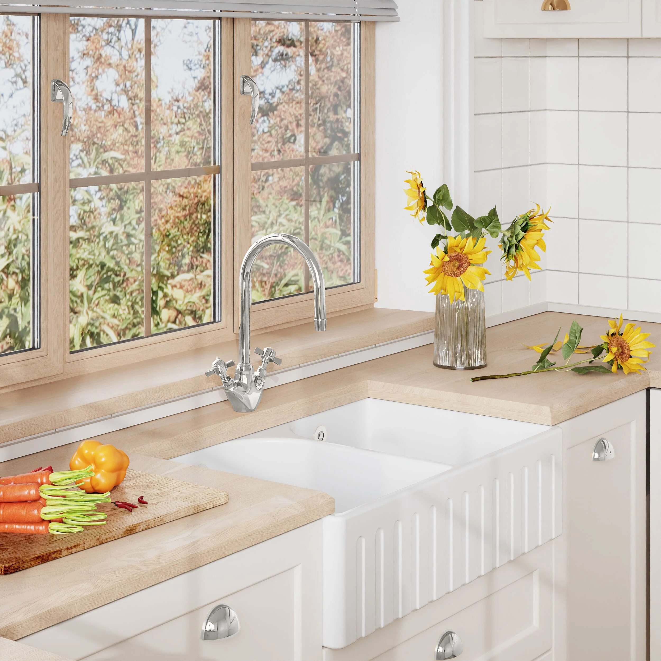 Fireclay Double Bowl Fluted Front Butler Kitchen Sink with Full Weir, Overflows, Tap Ledge and Wastes, 795mm - Chrome - Image 12