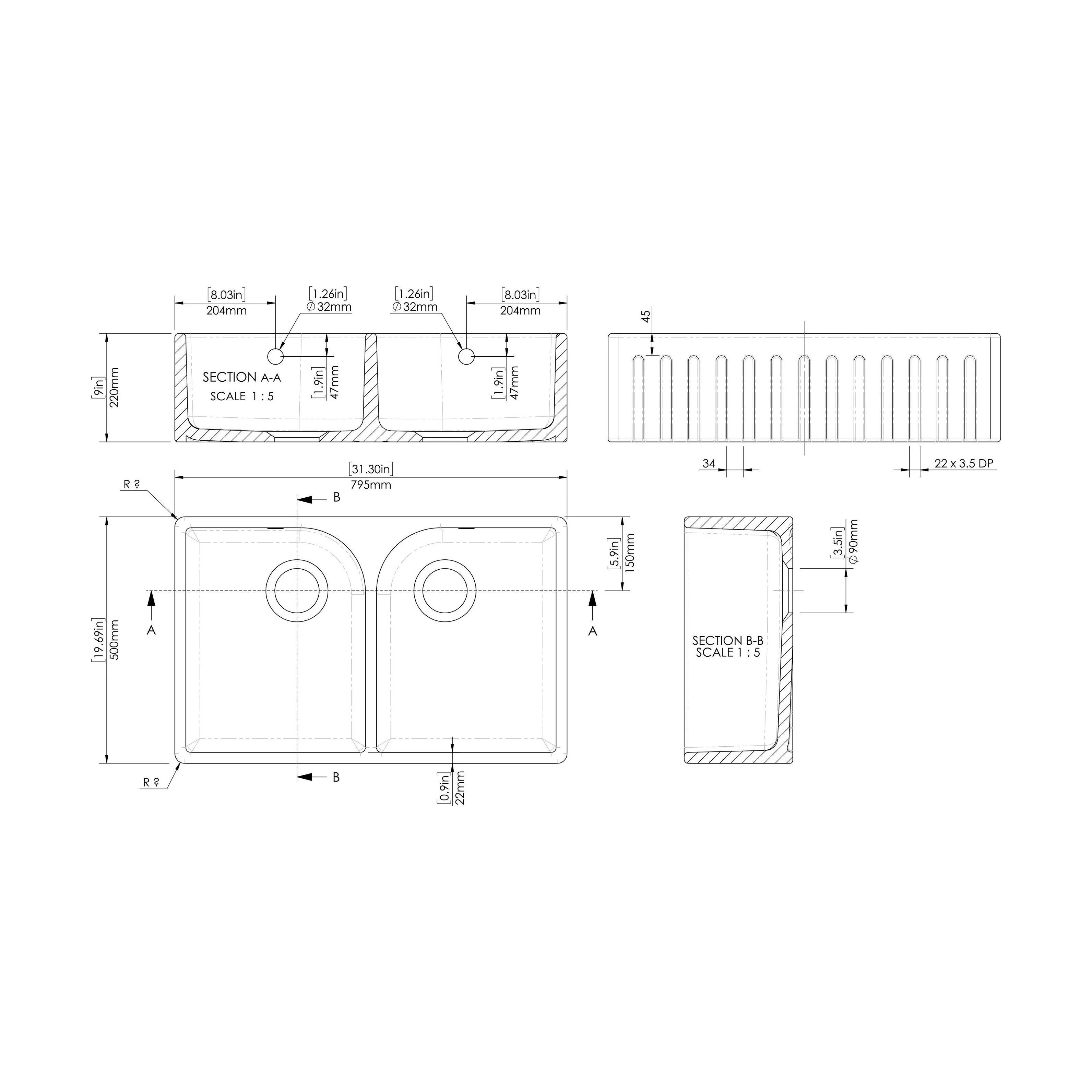 Fireclay Double Bowl Fluted Front Butler Kitchen Sink with Full Weir, Overflows, Tap Ledge and Wastes, 795mm - Chrome - Image 13