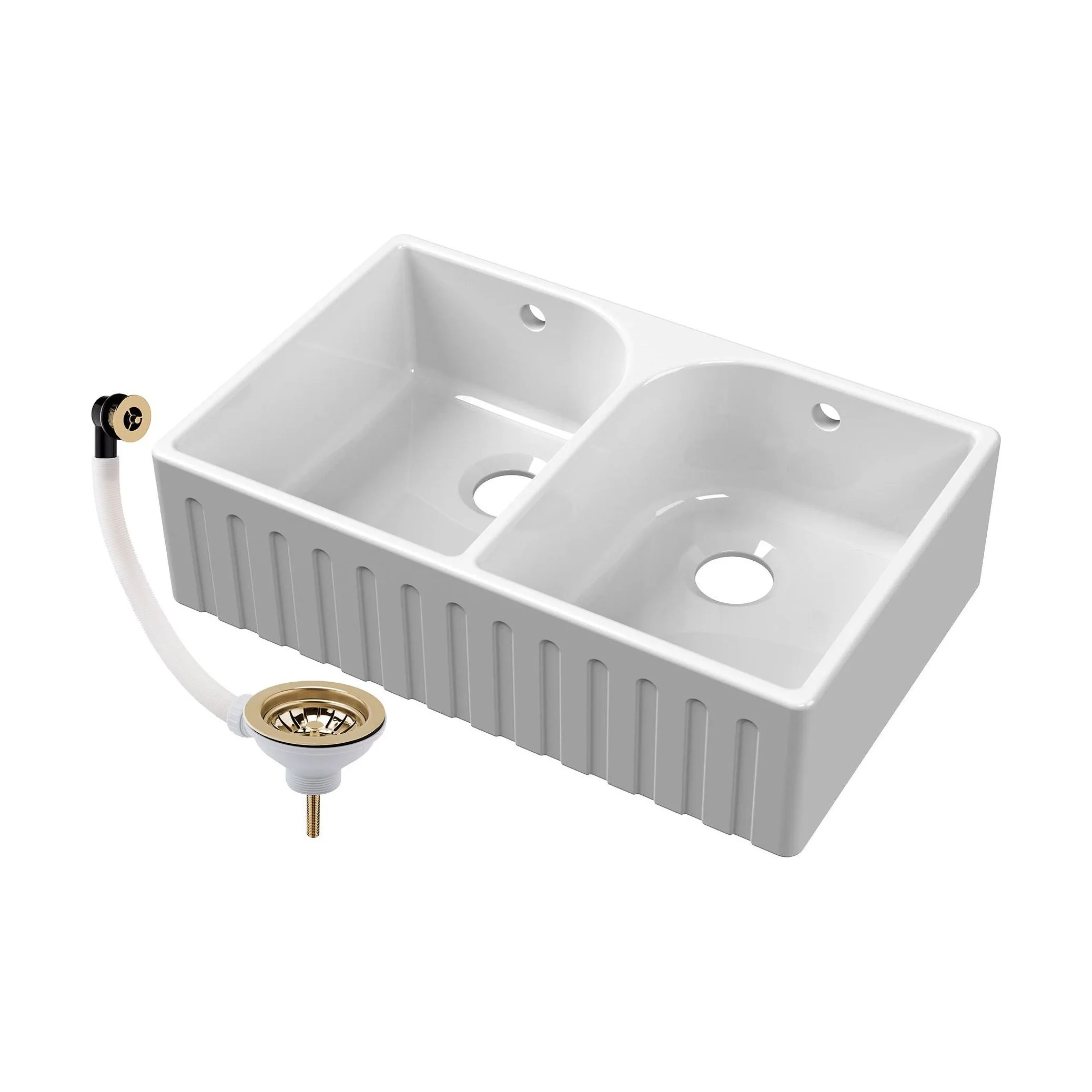 Fireclay Double Bowl Fluted Front Butler Kitchen Sink with Full Weir, Overflows, Tap Ledge and Wastes, 795mm - Chrome - Image 2