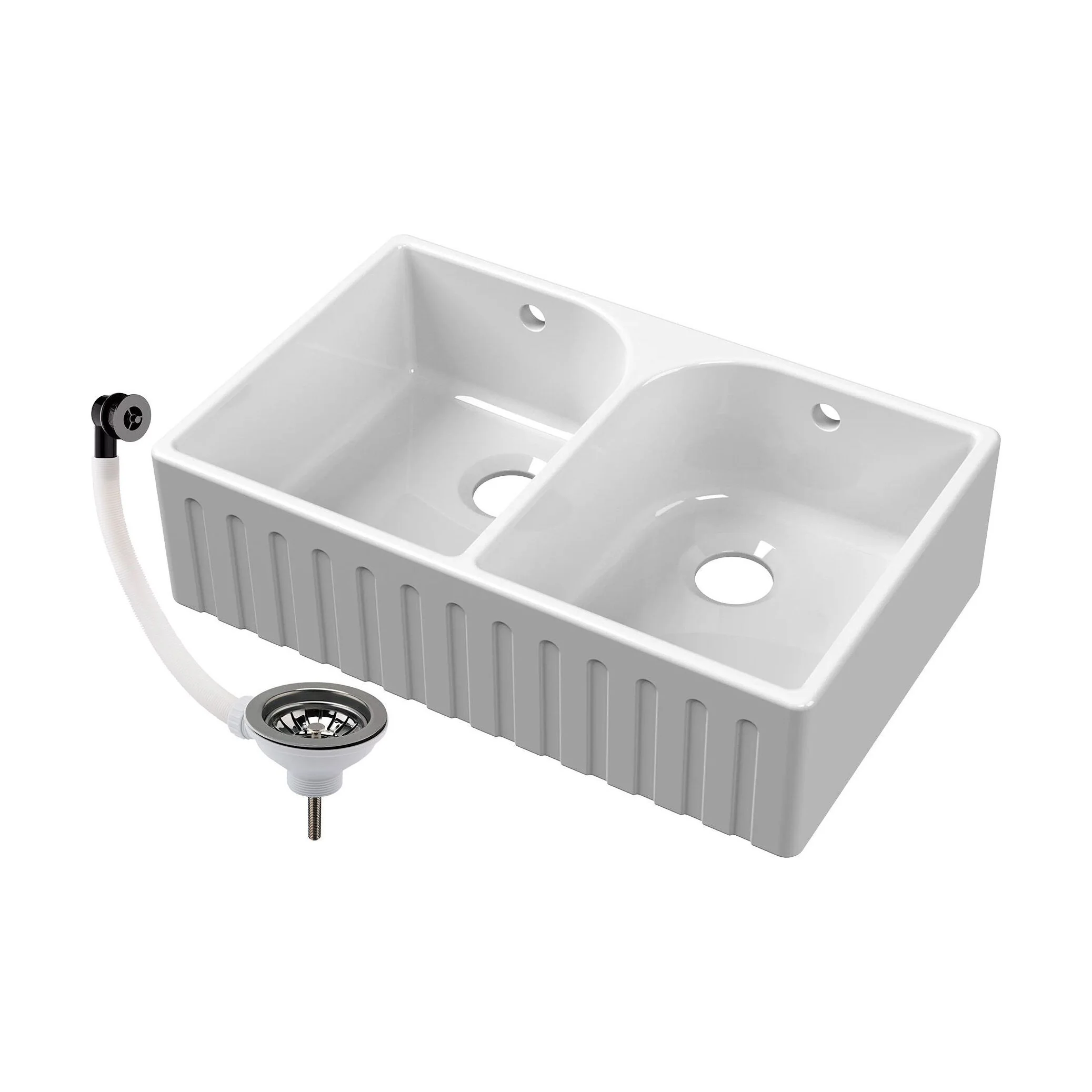 Fireclay Double Bowl Fluted Front Butler Kitchen Sink with Full Weir, Overflows, Tap Ledge and Wastes, 795mm - Chrome - Image 3